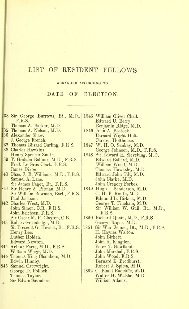 LIST OF RESIDENT FELLOWS AERANGED ACCORDING TO DATE OF ELECTION. '33 Sir George Burrows, Bt., M.D., F.R.S. Thomas A. Barker, M.D. 35 Thomas A. Nelson, M.D. 36 Alexander Shaw, J. George French. 37 Thomas Blizard Curling, F.R.S. 88 Charles Hawkins. Henry Spencer Smith. |39 T. Graham Balfour, M.D., F.R.S. I Fred. Le Gros Clark, F.R.S. James Dixon. m Chas. J. B. Williams, M,D., F.R.S. Samuel A. Lane. Sir James Paget, Bt., F.R.S. m Sir Henry A. Pitman, M.D. Sir William Bowman, Bart., F.R.S. Paul Jackson. m Charles West, M.D. John Simon, C.B., F.R.S. John Erichsen, F.R.S. Sir Oscar M. P. Clayton, C.B. m Robert Greenhalgh, M.D. ! Sir Prescott G. Hewett, Bt., F.R.S. , Henry Lee. Luther Holden. Edward Newton. 844 Arthur Farre, M.D., F.R.S. ' William Wegg, M.D. 844 Thomas King Chambers, M.D. Edwin Humby. 845 Samuel Cartwright. George D. Pollock. Thomas Taylor. Sir Edwin Saunders. 1845 William Oliver Chalk. Edward U. Berry. Benjamin Ridge, M.D. 1846 John A. Bostock. Barnard Wight Holt. Carsten Holthouse. 1847 W. H. O. Sankey, M.D. George Johnson,* M.D., F.R.S. 1848 Sir Edward H, Sieveking, M.i). Edward Ballard, M.D. William Wood, M.D. Thomas Hawksley, M.D. Edward John Tilt, M.D. John Clarke, M.D. John Gregory Forbes. 1849 Hugh J. Sanderson, M.D. C. H. F. Routh, M.D. Edmund L. Birkett, M.D. George T. Fincham, M.D. Sir William W. Gull, Bt., M.D., F R S 1850 Richard Quain, M.D., F.R.S George Roper, M.D. 1851 Sir Wm Jenner, Bt., M.D., F.R.S, H. Haynes Walton. John Birkett. John A. Kingdon. Peter Y. Gowlland. John Marshall, F.K.S. John Wood, F.R.S. Bernard E. Brodhurst. Robert J. Spitta, M.D. 1852 C. Bland Radcliffe, M.D. Walter H. Walshe, M.D. William Adams.