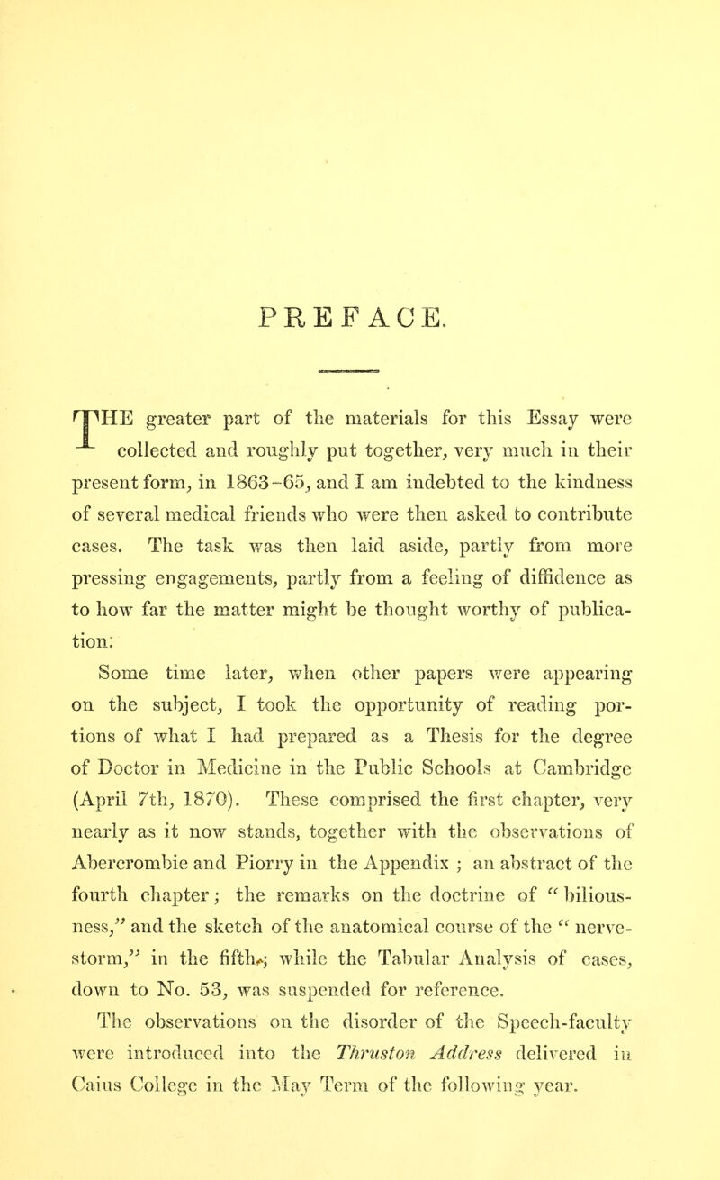PREFACE. 'HE greater part of tlie materials for this Essay were collected and roughly put together, very much in their present form, in 1863-65, and I am indebted to the kindness of several medical friends who were then asked to contribute cases. The task was then laid aside, partly from more pressing engagements, partly from a feeling of diffidence as to how far the matter might be thought worthy of publica- tion; Some time later, v/hen other papers were appearing on the subject, I took the opportunity of reading por- tions of what I had prepared as a Thesis for the degree of Doctor in Medicine in the Public Schools at Cambridge (April 7tli, 1870). These comprised the first chapter, very nearly as it nov/ stands, together with the observations of Abercrombie and Piorry in the Appendix ; an abstract of the fourth chapter; the remarks on the doctrine of  bilious- ness,^^ and the sketch of the anatomical course of the  nerve- storm,^^ in the fifth^^; while the Tabular Analysis of cases, down to No. 53, was suspended for reference. The observations on the disorder of the Speech-faculty were introduced into the Thriiston Address delivered iu Caius College in the May Term of the following year.