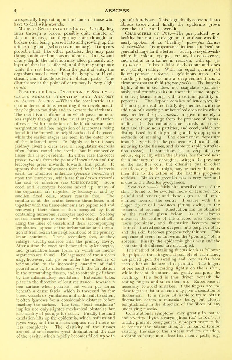 are specially frequent upon the hands of those who have to deal with wounds. Mode of Entry into the Body.—Usually they enter through a lesion, possibly quite minute, of skin or mucosa, but they may enter through un- broken skin, being pressed into and growing up the orifices of glands (sebaceous, mammary). It appears probable that, like other particles, they may pass through uninjured mucous membranes. In a wound of any depth, the infection may affect primarily any layer of the tissues affected, and tliis may suppurate while the rest heals. From the point of entry the organisms may be carried by the lymph- or blood- stream, and thus deposited in distant parts. The disturbance at the point of entry may be very slight or nil. Results of Local Infection by Staphylo- coccus AUREUS: Formation and Anatomy OF Acute Abscess.—When the cocci settle at a spot under conditions permitting their development, they begin to multiply and to excrete their irritants. The result is an inflammation which passes more or less rapidly through all the usual stages, dilatation of vessels with retardation of the blood-stream and margination and free migration of leucocytes being found in the immediate neighbourhood of the cocci, while the earlier stages are seen in the outer zone of the inflamed area. In highly cellukr tissues (kidney, liver) a clear area of coagulation-necrosis often forms round the cocci ; but in connective tissue this is not evident. In either case the cocci pass outwards from the point of inoculation and the leucocytes press inwards towards this point. It appears that the substances formed by the bacteria exert an attractive influence {^positive chemotaxis) upon the leucocytes, which are thus drawn towards the seat of infection {see Chemotaxis). Soon cocci and leucocytes become mixed up ; many of the organisms are ingested by leucocytes and by swollen fixed cells, others remain free. The capillaries at the centre become thrombosed and together with the tissue-elements are peptonised and removed ; their place is then occupied by fluid containing numerous leucocytes and cocci. So long as free cocci pass outwards—which they do chiefly along the lines of vessels and their accompanying lymphatics—spread of the inflammation and forma- tion of fresh foci in the neighbourhood of the primary lesion continue. These secondary foci, as they enlarge, usually coalesce with the primary cavity. After a time the cocci are hemmed in by leucocytes, ;ind granulation-tissue forms in which no micro- organisms are found. Enlargement of the abscess may, however, still go on under the influence of tension due to the increasing quantity of fluid poured into it, to interference with the circulation in the surrounding tissues, and to softening of these by the inflammatory exudation. Extension takes place in the direction of least resistance—towards a free surface when possible—but when pus forms beneath a dense fascia, which is traversed by few blood-vessels or lymphatics and is difficult to soften, it often ljurrows for a considerable distance before reaching the surface. The term ' least resistance ' implies not only slighter mechanical obstacles but also facility of passage for cocci. Finally the fluid exudation lifts up the epidermis, which softens and gives way, and the abscess empties itself more or less completely. The elasticity of the tissues around at once causes great diminution of the size of the cavity, which rapidly becomes filled up with granulation-tissue. This is gradually converted into fibrous tissue ; and finally the epidermis grows over the surface and covers it. Characters ok Pus.—The pus yielded by a healthy but not aseptic granulation-tissue was for- merly spoken of as ' healthy' pus- /zo- bonuni <.i laiidabile. Its appearance indicated a local or general change for the belter. Such pus is yellowish- white in colour, opaque, creamy in consistence, and neutral or alkaline in reaction, with sp. gr. 1030-1040. It has a faint sickly odour and does not putrefy readily. With an equal quantity of liquor potassiE it forms a gelatinous mass. On standing it separates into a deep sediment and a clear supernatant fluid {liquor puris). The latter is highly albuminous, does not coagulate spontane- ously, and contains saks in about the same propor- tion as plasma, along with a certain quantity of fieptones. The deposit consists of leucocytes, for the most part dead and fattily degenerated, with the addition of a varying number of red corpuscles which may render the pus sanioiis or give it merely a safiron or orange tinge from the presence of hsema- toidin. It also contains fine shreds of tissue, fatty and alljuminous particles, and cocci, which are distinguished by their grouping and by appropriate methods of staining. The commonest departure from this type is that the pus becomes thin and acid, irritating to the tissues, and liable to rapid putrefac- tion (ichor). It sometimes has a very offensive odour, especially when the abscess has formed near the alimentary tract or vagina, owing to the presence of the Bacillus coli ; but offensive pus in other situations, e.g. in the thigh, may be met with, and is then due to the action of the Bacillus pyogenes foetid us. Bluish or greenish pus is very rare and is due to the Bacillus pyocyaneus. Symptoms.—A fairly circumscribed area of the skin is found to be swollen, more or less red, hot, painful and tender ; and these signs are all most marked towards the centre. Pressure with the finger tip or nail produces pitting owing to the presence of cedema. Fluctuation can be obtained |jy the method given below. As the abscess advances the centre of the affected area becomes more prominent, and fluctuation becomes more distinct : the red colour deepens into purple or blue, .tnd the skin becomes progressively thinner. This sequence of events is known as the ' pointing ' of an abscess. Finally the epidermis gives way and the contents of the abscess are discharged. The method of oljtaining fluctuation is as follows : the pulps of three fingers, if possible of each hand, are placed upon the swelling and kept as far from each other as the size of it permits. The fingers of one hand remain resting lightly on the surface, while those of the other hand gently compress the swelling. The fluid is thus driven beneath the resting fingers and raises them up. Experience is necessary to avoid mistakes : if the fingers are too close together, fat or cedema may give a sensation of fluctuation. It is never advisable to try to obtain fluctuation across a muscular belly, but always longitudinally in the direction of the fibres of any underlying muscle. Constitutional symptoms vary greatly in nature and severity. Pyrexia varying from 100° to I04°F. is usually present, being generally proportionate to the acutenessof the inflammation, the amount of tension existing, the size of the abscess and its situation, absorption being more free from some parts, e.g.