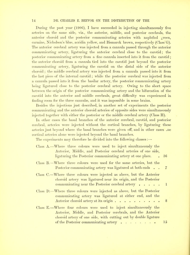 During the past year (1906), I have succeeded in injecting simultaneously five arteries on the same side, viz., the anterior, middle, and posterior cerebrals, the anterior choroid and the posterior communicating arteries with naphthol green, carmine, Nicholson's blue, acridin yellow, and Bismarck brown, respectively (ClassG). The anterior cerebral artery was injected from a cannula passed through the anterior communicating artery, ligaturing the anterior cerebral close to the carotid; the posterior communicating artery from a fine cannula inserted into it from the carotid ; the anterior choroid from a cannula tied into the carotid just beyond the posterior communicating artery, ligaturing the carotid on the distal side of the anterior choroid ; the middle cerebral artery was injected from a cannula passed into it from the last piece of the internal carotid ; while the posterior cerebral was injected from a cannula passed into it from the basilar artery, the posterior communicating artery being ligatured close to the posterior cerebral artery. Owing to the short space between the origin of the posterior communicating artery and the bifurcation of the carotid into the anterior and middle cerebrals, great difficulty was experienced in finding room for the three cannulas, and it was impossible in some brains. Besides the injections just described, in another set of experiments the posterior communicating and the anterior choroid arteries of opposite sides were simultaneously injected together with either the posterior or the middle cerebral artery (Class H). In other cases the basal branches of the anterior cerebral, carotid, and posterior cerebral, arteries were injected without the cortical branches, by ligaturing these arteries just beyond where the basal branches were given off, and in other cases aie cortical arteries alone were injected beyond the basal brandies. The experiments may therefore be divided into the following classes:—■ Class A.—Where three colours were used to inject simultaneously the Anterior, Middle, and Posterior cerebral arteries of one side, ligaturing the Posterior communicating artery at one place. . 36 Class B.—Where three colours were used for the same arteries, but the Posterior communicating artery was ligatured at both ends . . 7 Class C.—Where three colours were injected as above, but the Anterior choroid artery was ligatured near its origin, and the Posterior communicating near the Posterior cerebral artery ..... 1 Class D.—Where three colours were injected as above, but the Posterior communicating artery was ligatured at either end, and the Anterior choroid artery at its origin . 8 Class E.—Where four colours were used to inject simultaneously the Anterior, Middle, and Posterior cerebrals, and the Anterior choroid artery of one side, with cutting out by double ligature of the Posterior communicating artery 15