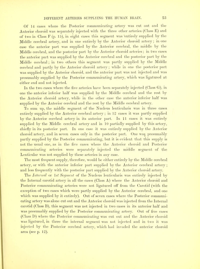 Of 14 cases where the Posterior communicating artery was cut out and the Anterior choroid was separately injected with the three other arteries (Class E) and of two in Class F (p. I 5), in eight cases this segment was entirely supplied by the Middle cerebral artery, and in one entirely by the Anterior choroid artery ; in one case the anterior part was supplied by the Anterior cerebral, the middle by the Middle cerebral, and the posterior part by the Anterior choroid arteries; in two cases the anterior part was supplied by the Anterior cerebral and the posterior part by the Middle cerebral ; in two others this segment was partly supplied by the Middle cerebral and partly by the Anterior choroid artery ; while in one the posterior part was supplied by the Anterior choroid, and the anterior part was not injected and was presumably supplied by the Posterior communicating artery, which was ligatured at either end and not injected. In the two cases where the five arteries have been separately injected (Class G), in one the anterior inferior half was supplied by the Middle cerebral and the rest by the Anterior choroid artery, while in the other case the anterior inferior half was supplied by the Anterior cerebral and the rest by the Middle cerebral artery. To sum up, the middle segment of the Nucleus lenticularis was in three cases entirely supplied by the Anterior cerebral artery ; in 12 cases it was partly supplied by the Anterior cerebral artery in its anterior part. In 11 cases it was entirely supplied by the Middle cerebral artery and in 10 partially supplied by this artery, chiefly in its posterior part. In one case it was entirely supplied by the Anterior choroid artery, and in seven cases only in the posterior part. One was presumably partly supplied by the Posterior communicating, but it is evident that this supply is not the usual one, as in the five cases where the Anterior choroid and Posterior communicating arteries were separately injected the middle segment of the Lenticular was not supplied by these arteries in any case. The most frequent supply, therefore, would be either entirely by the Middle cerebral artery, or with the anterior inferior part supplied by the Anterior cerebral artery ; and less frequently with the posterior part supplied by the Anterior choroid artery. The Internal or 1st Segment of the Nucleus lenticularis was entirely injected by the Internal carotid artery in all the cases (Class A) where the Anterior choroid and Posterior communicating arteries were not ligatured off from the Carotid (with the exception of two cases which were partly supplied by the Anterior cerebral, and one which was supplied by it entirely). Out of seven cases where the Posterior communi- cating artery was alone cut out and the Anterior choroid was injected from the Internal carotid (Class B), this segment was not injected in two cases in its anterior half and was presumably supplied by the Posterior communicating artery. Out of five cases (Class D) where the Posterior communicating was cut out and the Anterior choroid was ligatured, in three the internal segment was not injected and in two it was injected by the Posterior cerebral artery, which had invaded the anterior choroid area (see p. 12).