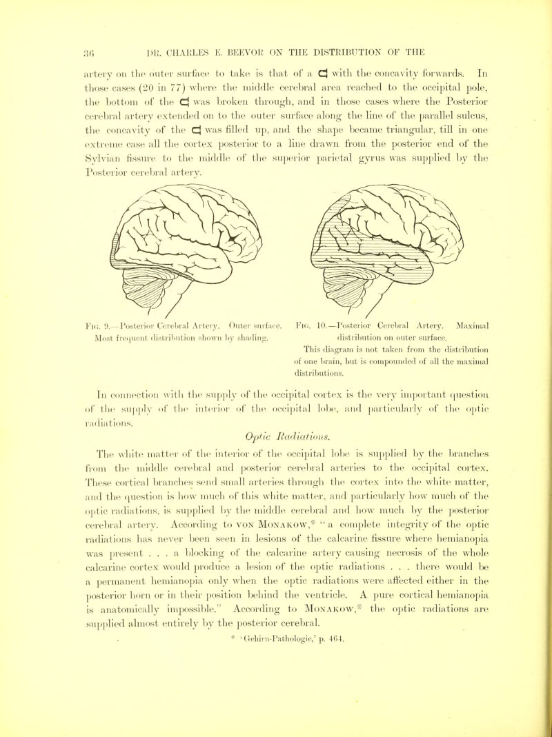 artery on the outer surface to take is that of a Cj with the concavity forwards. In those cases (20 in 77) where the middle cerebral area reached to the occipital pole, the bottom of the 0 was broken through, and in those cases where the Posterior cerebral artery extended on to the outer surface along the line of the parallel sulcus, the concavity of the ^ was filled up, and the shape became triangular, till in one extreme case all the cortex posterior to a line drawn from the posterior end of the Sylvian fissure to the middle of the superior parietal gyrus was supplied by the Posterior cerebral artery. FlG. 9.—Posterior Cerebral Artery. Outer surface. FlG. 10.—Posterior Cerebral Artery. Maximal Most frequent distribution shown by shading. distribution on onter surface. This diagram is not taken from the distribution of one brain, but is compounded of all the maximal distributions. In connection with the supply of the occipital cortex is the very important question of the supply of the interior of the occipital lobe, and particularly of the optic radiations. Optic Radiatums. The white matter of the interior of the occipital lobe is supplied by the branches from tin' middle cerebral and posterior cerebral arteries to the occipital cortex. These cortical branches send small arteries through the cortex into the white matter, and the question is how much of this white matter, and particularly how much of the optic radiations, is supplied by the middle cerebral and how much by the posterior cerebral artery. According to VON Monakow,*  a complete integrity of the optic radiations has never been seen in lesions of the calcarine fissure where hemianopia was present ... a blocking of the calcarine artery causing necrosis of the whole calcarine cortex would produce a lesion of the optic radiations . . . there would be a, permanent hemianopia only when the optic radiations were affected either in the posterior horn or in their position behind the ventricle. A pure cortical hemianopia is anatomically impossible. According to Monakow,* the optic radiations are supplied almost entirely by the posterior cerebral. * ' (iehirn-Pathologie,' p. 464.