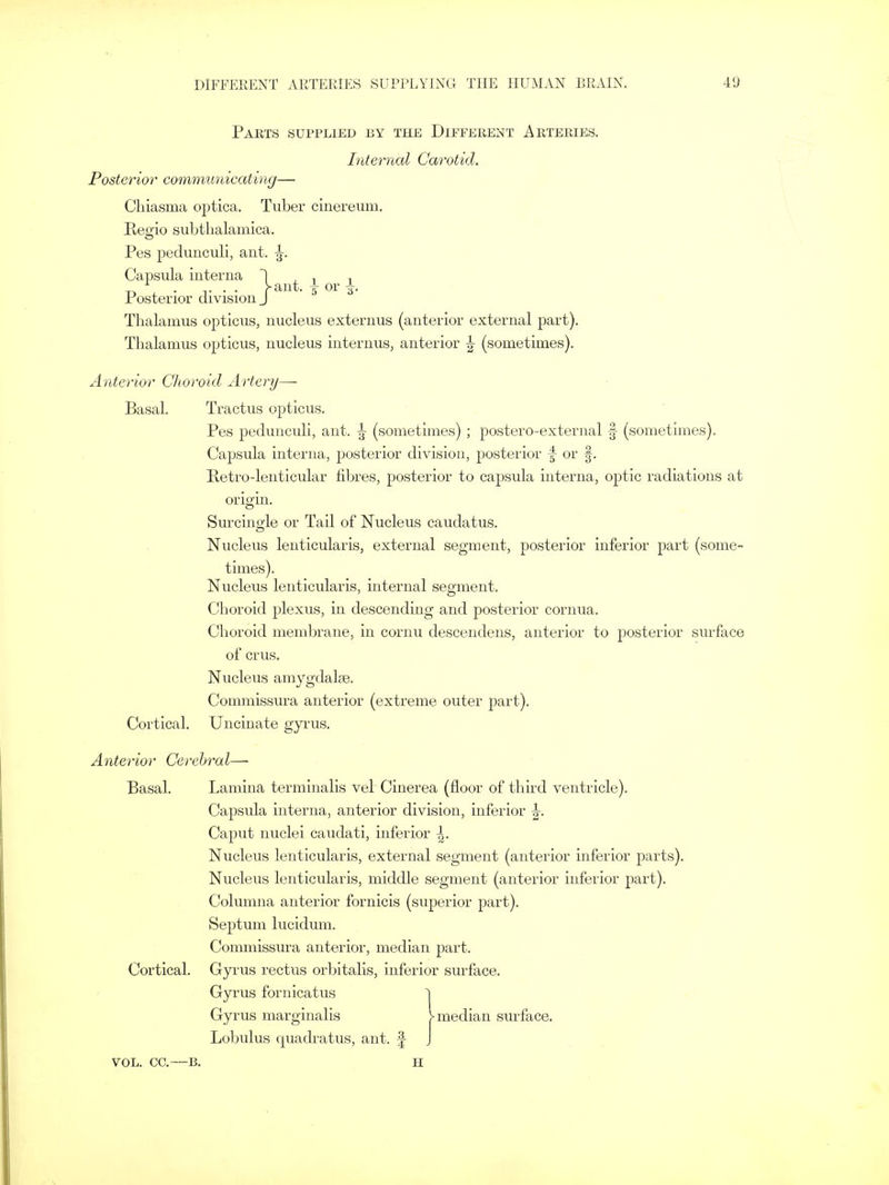 Parts supplied by the Different Arteries. Internal Carotid. Posterior communicatii ig— Chiasma optica. Tuber cinereum. Regio subthalamica. Pes pedunculi, ant. Capsula interna ~| , , . x» + ■ v ■ ■ rant- *or Posterior division J Thalamus opticus, nucleus externus (anterior external part). Thalamus opticus, nucleus internus, anterior |- (sometimes). Anterior Choroid Artery— Basal. Tractus opticus. Pes pedunculi, ant. (sometimes) ; postero-external § (sometimes). Capsula interna, posterior division, posterior f- or §. Retro-lenticular fibres, posterior to capsula interna, optic radiations at origin. Surcingle or Tail of Nucleus caudatus. Nucleus lenticularis, external segment, posterior inferior part (some- times). Nucleus lenticularis, internal segment. Choroid plexus, in descending and posterior cornua. Choroid membrane, in cornu descendens, anterior to posterior surface of crus. Nucleus amygdalae. Commissura anterior (extreme outer part). Cortical. Uncinate gyrus. Anterior Cerebral— Basal. Lamina terminalis vel Cinerea (floor of third ventricle). Capsula interna, anterior division, inferior |-. Caput nuclei caudati, inferior \. Nucleus lenticularis, external segment (anterior inferior parts). Nucleus lenticularis, middle segment (anterior inferior part). Columna anterior fornicis (superior part). Septum lucidum. Commissura anterior, median part. Cortical. Gyrus rectus orbitalis, inferior surface. Gyrus fornicatus j Gyrus marginalis \ median surface. Lobulus quadratus, ant. f VOL. CC.—B. H