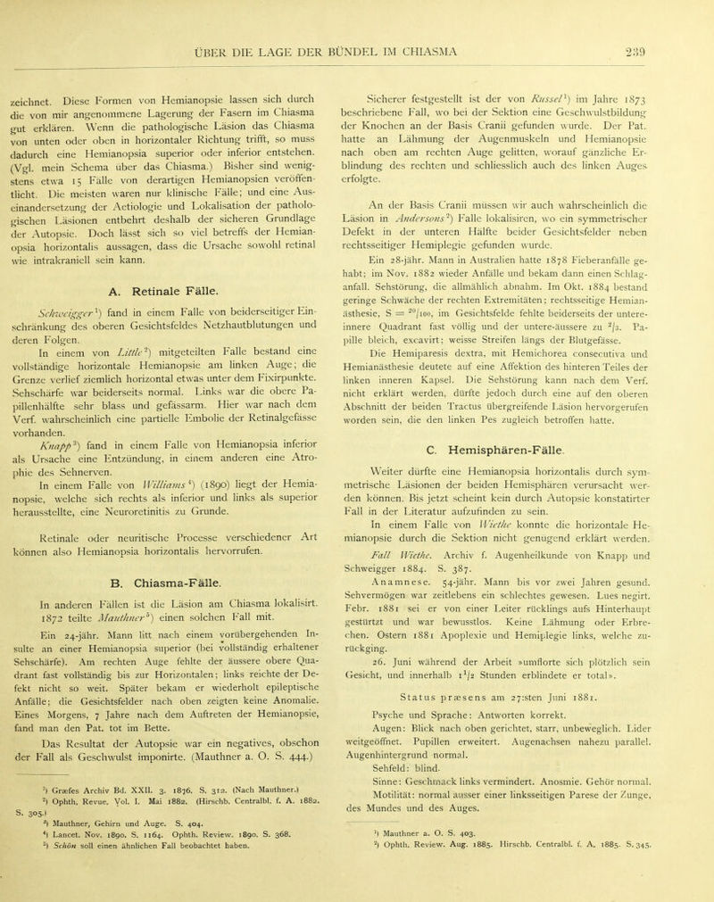 zeichnet. Diese Formen von Hemianopsie lassen sich durch die von mir angenommene Lagerung der Fasern im Chiasma gut erklären. Wenn die pathologische Läsion das Chiasma von unten oder oben in horizontaler Richtung trifft, so muss dadurch eine Hemianopsia superior oder inferior entstehen. (Vgl. mein Schema über das Chiasma.) Bisher sind wenig- stens etwa 15 Fälle von derartigen Hemianopsien veröffen- tlicht. Die meisten waren nur klinische Fälle; und eine Aus- einandersetzung der Aetiologie und Lokalisation der patholo- gischen Läsionen entbehrt deshalb der sicheren Grundlage der Autopsie. Doch lässt sich so viel betreffs der Hemian- opsia horizontalis aussagen, dass die Ursache sowohl retinal wie intrakraniell sein kann. A. Retinale Fälle. Schweigger]) fand in einem Falle von beiderseitiger Ein- schränkung des oberen Gesichtsfeldes Netzhautblutungen und deren Folgen. In einem von Little'2) mitgeteilten Falle bestand eine vollständige horizontale Hemianopsie am linken Auge; die Grenze verlief ziemlich horizontal etwas unter dem Fixirpunkte. Sehschärfe war beiderseits normal. Links war die obere Pa- pillenhälfte sehr blass und gefässarm. Hier war nach dem Verf. wahrscheinlich eine partielle Embolie der Retinalgefässe vorhanden. K?tapp'i) fand in einem Falle von Hemianopsia inferior als Ursache eine Entzündung, in einem anderen eine Atro- phie des Sehnerven. In einem Falle von Williams4-) (1890) liegt der Hemia- nopsie, welche sich rechts als inferior und links als superior herausstellte, eine Neuroretinitis zu Grunde. Retinale oder neuritische Processe verschiedener Art können also Hemianopsia horizontalis hervorrufen. B. Chiasma-Fälle. In anderen Fällen ist die Läsion am Chiasma lokalisirt. 1872 teilte Mauthner5) einen solchen Fall mit. Ein 24-jähr. Mann litt nach einem vorübergehenden In- sulte an einer Hemianopsia superior (bei vollständig erhaltener Sehschärfe). Am rechten Auge fehlte der äussere obere Qua- drant fast vollständig bis zur Horizontalen; links reichte der De- fekt nicht so weit. Später bekam er wiederholt epileptische Anfälle; die Gesichtsfelder nach oben zeigten keine Anomalie. Eines Morgens, 7 Jahre nach dem Auftreten der Hemianopsie, fand man den Pat. tot im Bette. Das Resultat der Autopsie war ein negatives, obschon der Fall als Geschwulst imponirte. (Mauthner a. O. S. 444.) 1) Gräfes Archiv Bd. XXII. 3, 1876. S. 312. (Nach Mauthner.) 2) Ophth. Revue. Vol. I. Mai 1882. (Hirschb. Centralbl. f. A. 1882. S. 305.) 3) Mauthner, Gehirn und Auge. S. 404. 4) Lancet. Nov. 1890. S. 1164. Ophth. Review. J890. S. 368. 5) Schön soll einen ähnlichen Fall beobachtet haben. Sicherer festgestellt ist der von Riissel1) im Jahre 1873 beschriebene Fall, wo bei der Sektion eine Geschwulstbildung der Knochen an der Basis Cranii gefunden wurde. Der Pat. hatte an Lähmung der Augenmuskeln und Hemianopsie nach oben am rechten Auge gelitten, worauf gänzliche Er- blindung des rechten und schliesslich auch des linken Auges erfolgte. An der Basis Cranii müssen wir auch wahrscheinlich die Läsion in Andersons'1') Falle lokalisiren, wo ein symmetrischer Defekt in der unteren Hälfte beider Gesichtsfelder neben rechtsseitiger Hemiplegie gefunden wurde. Ein 28-jähr. Mann in Australien hatte 1878 Fieberanfälle ge- habt; im Nov. 1882 wieder Anfälle und bekam dann einen Schlag- anfall. Sehstörung, die allmählich abnahm. Im Okt. 1884 bestand geringe Schwäche der rechten Extremitäten; rechtsseitige Hemian- ästhesie, S = 20/ioo, im Gesichtsfelde fehlte beiderseits der untere- innere Quadrant fast völlig und der untere-äussere zu 2/s. Pa- pille bleich, excavirt; weisse Streifen längs der Blutgefässe. Die Hemiparesis dextra, mit Hemichorea consecutiva und Hemianästhesie deutete auf eine Affektion des hinteren Teiles der linken inneren Kapsel. Die Sehstörung kann nach dem Verf. nicht erklärt werden, dürfte jedoch durch eine auf den oberen Abschnitt der beiden Tractus übergreifende Läsion hervorgerufen worden sein, die den linken Pes zugleich betroffen hatte. C. Hemisphären-Fälle. Weiter dürfte eine Hemianopsia horizontalis durch sym- metrische Läsionen der beiden Hemisphären verursacht wer- den können. Bis jetzt scheint kein durch Autopsie konstatirter Fall in der Literatur aufzufinden zu sein. In einem Falle von Wiethe konnte die horizontale He- mianopsie durch die Sektion nicht genügend erklärt werden. Fall Wiethe. Archiv f. Augenheilkunde von Knapp und Schweigger 1884. S. 387. Anamnese. 54-jähr. Mann bis vor zwei Jahren gesund. Sehvermögen war zeitlebens ein schlechtes gewesen. Lues negirt. Febr. 1881 sei er von einer Leiter rücklings aufs Hinterhaupt gestürtzt und war bewusstlos. Keine Lähmung oder Erbre- chen. Ostern 1881 Apoplexie und Hemiplegie links, welche zu- rückging. 26. Juni während der Arbeit »umflorte sich plötzlich sein Gesicht, und innerhalb i1/2 Stunden erblindete er total». Status praesens am 2 7:sten Juni 1881. Psyche und Sprache: Antworten korrekt. Augen: Blick nach oben gerichtet, starr, unbeweglich. Lider weitgeöffnet. Pupillen erweitert. Augenachsen nahezu parallel. Augenhintergrund normal. Sehfeld: blind. Sinne: Geschmack links vermindert. Anosmie. Gehör normal. Motilität: normal ausser einer linksseitigen Parese der Zunge, des Mundes und des Auges. 1) Mauthner a. O. S. 403. 2) Ophth. Review. Aug. 1885. Hirschb. Centralbl. f. A.. 1885. S. 345.