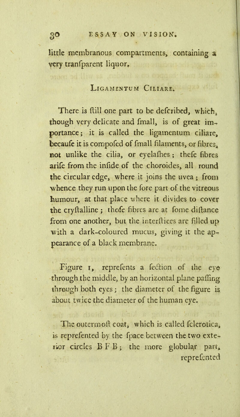 little membranous compartments, containing a ^ery tranfparent liquor. LiGAMENTUM CrLIARE. There is ftill one part to be defcribed, which^ though very delicate and fmall, is of great im- portance; it is called the ligamentuip ciliare, beeaufe it is compofed of fmall filaments, or fibres^ not unlike the cilia, or eyelafhes ; thefe fibres arife from the infide of the choroides, all round |he circular edge, where it joins the uvea ; from whence they run upon the fore part of the vitreous liumour, at that place where it divides to cover the cryftalline ; thafe fibres are at feme diftance from one another, but the interftices arc filled up with a dark-coloured mucus, giving it the ap- pearance of a black membrane. Figure I, reprefents a fedtion of the eye through the middle, by an horizontal plane paffing through both eyes; the diameter of the figure is about twice the diameter of the human eye. The outermofi coat, which is called fcleroiica, is reprefented by the fpace between the two exte- rior circles B F B; the more globular part, reprefented