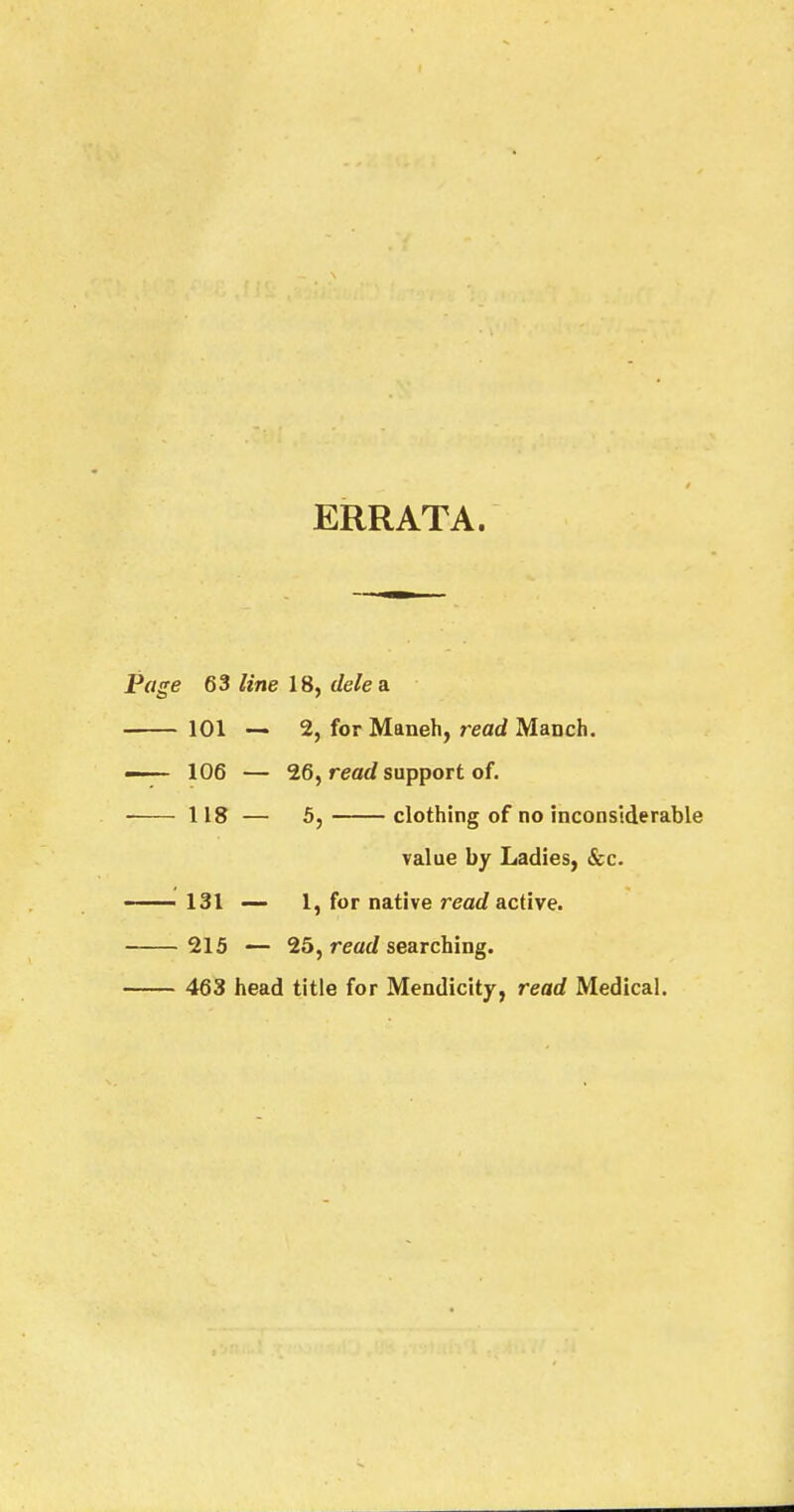 ERRATA. Page 63 line 18, dele a. 101 — 2, for Maneh, read Manch. — 106 — 26, read support of. ■ 118 — 5, clothing of no inconsiderable value by Ladies, &c. ■ 131 — 1, for native read active. 215 — 25, read searching. 463 head title for Mendicity, read Medical.