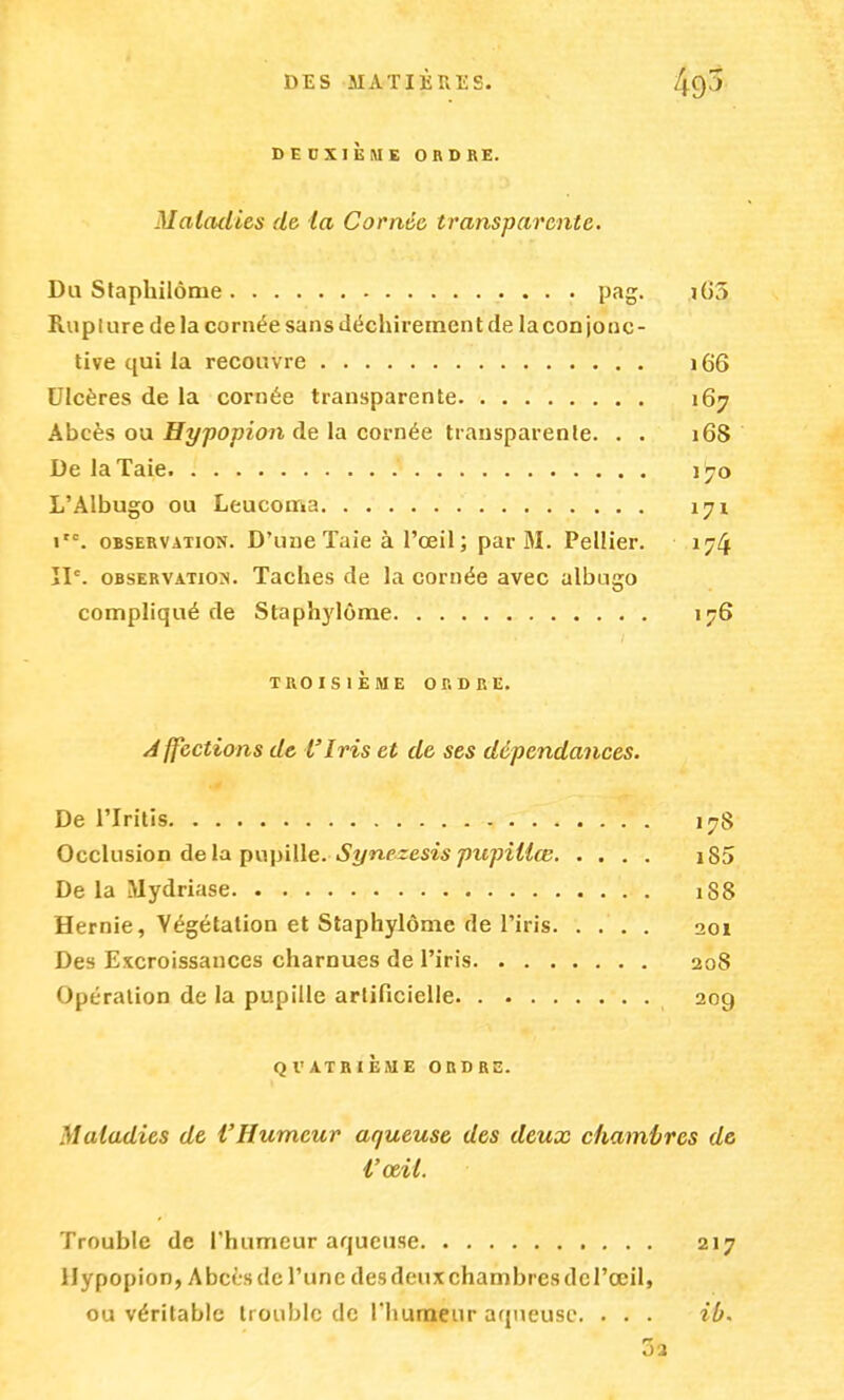 DEUXIÈME ORDRE. Maladies de la Cornée transparente. Du Staphilônie pag. i(55 Rup I ure de la cornée sans déchiremen t de la con jonc - tive qui la recouvre 166 Ulcères de la cornée transparente 167 Abcès ou Hypopion de la cornée transparente. . . 168 De la Taie 170 L'Albugo ou Leucoma 171 1. observation. D'une Taie à l'œil ; par M. Pellier. 174 IIe. observation. Taches de la cornée avec albugo compliqué de Staphylôme 176 TROISIÈME ORDRE. A ffections de l'Iris et de ses dépendances. De l'Iritis 178 Occlusion delà pupille. Synezesis pupUlœ iS5 De la Mydriase 1S8 Hernie, Végétation et Staphylôme de l'iris 201 Des Excroissances charnues de l'iris 208 Opération de la pupille artificielle 209 QI'ATRIÈME ORDRE. Maladies de l'Humeur aqueuse des deux chambres de l'œil. Trouble de l'humeur aqueuse Hypopion, Abcès de l'une des deux chambres de l'œil, ou véritable trouble de l'humeur aqueuse. . . . 217