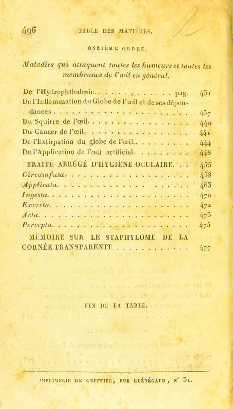 /|Ç)(> TABLE DES MATIÈBES, ONZIÈME OUI) U E, Maladies qui attaquent toutes tes humeurs et toutes les membranes de l'œil en général. De l'Hydrophthnlmie , pag. 43i De l'Inflammation du Globe de l'œil el de ses dépen- dances Kt. , ^jy Du Squirre de l'œil 440 Du Cancer de l'œil 44! De l'Extirpation du globe de l'œil 444. De l'Application de l'œil artificiel 448 TRAITÉ ABRÉGÉ D'HYGIÈNE OCULAIRE. . . 455 Circumfusa. . 4^8 Afplicata 4^3 Ingesta. i . 47° Excréta 472 Acta 47-5 Percepta 4/5 MÉMOIRE SUR LE STAPHYLOME DE LA CORNÉE TRANSPARENTE 477 FIN DE LA TABLE. IMPRIMERIE DE CUEFFIER, RUE CUÉnÉCAUD , » 01.