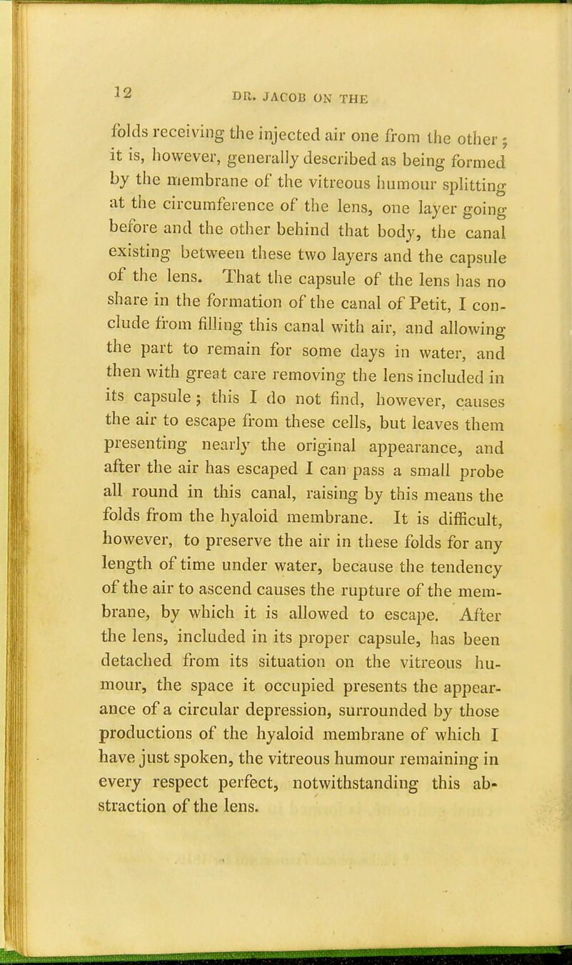 folds receiving the injected air one from the other ; it is, however, generally described as being formed by the membrane of the vitreous humour splitting at the circumference of the lens, one layer going before and the other behind that body, the canal existing between these two layers and the capsule of the lens. That the capsule of the lens lias no share in the formation of the canal of Petit, I con- clude from filling this canal with air, and allowing the part to remain for some days in water, and then with great care removing the lens included in its capsule; this I do not find, however, causes the air to escape from these cells, but leaves them presenting nearly the original appearance, and after the air has escaped I can pass a small probe all round in this canal, raising by this means the folds from the hyaloid membrane. It is difficult, however, to preserve the air in these folds for any length of time under water, because the tendency of the air to ascend causes the rupture of the mem- brane, by which it is allowed to escape. After the lens, included in its proper capsule, has been detached from its situation on the vitreous hu- mour, the space it occupied presents the appear- ance of a circular depression, surrounded by those productions of the hyaloid membrane of which I have just spoken, the vitreous humour remaining in every respect perfect, notwithstanding this ab- straction of the lens.