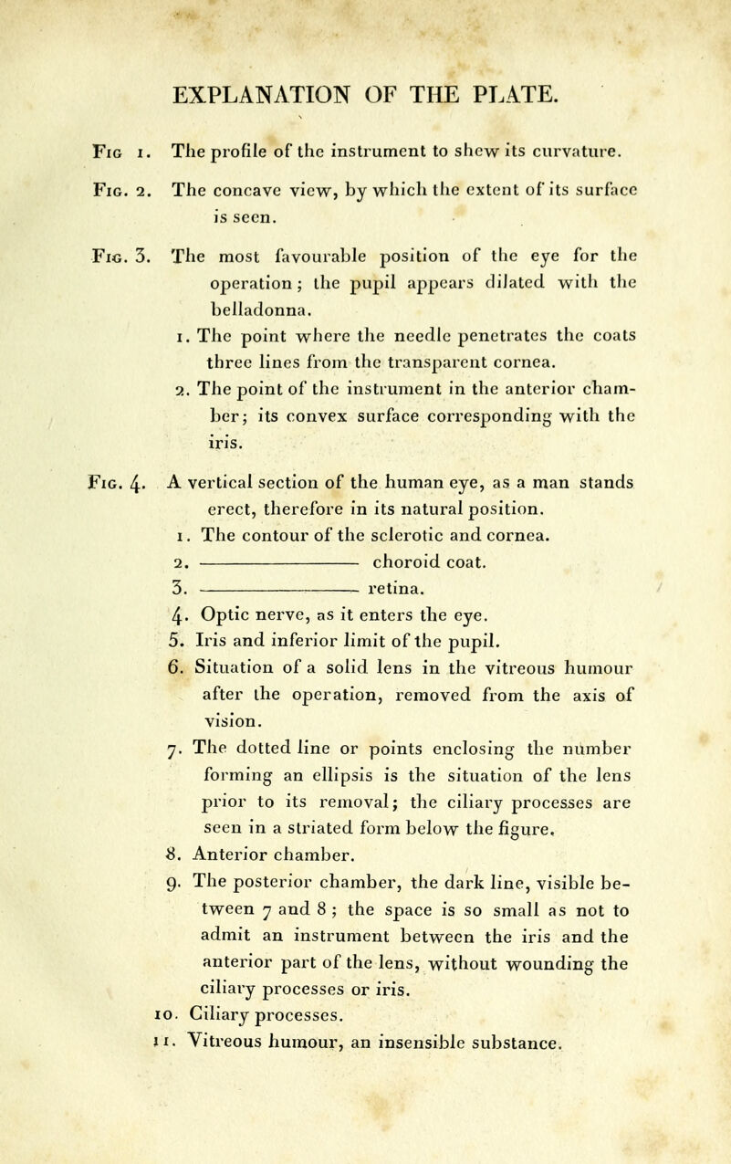 EXPLANATION OF THE PLATE. The profile of the instrument to shew its curvature. The concave view, by which the extent of its surface is seen. The most favourable position of the eye for the operation; the pupil appears dilated with the belladonna. 1. The point where the needle penetrates the coats three lines from the transparent cornea. 2. The point of the instrument in the anterior cham- ber; its convex surface corresponding with the iris. Fig. 4« A vertical section of the human eye, as a man stands erect, therefore in its natural position. 1. The contour of the sclerotic and cornea. 2. choroid coat. 3. retina. 4« Optic nerve, as it enters the eye. 5. Iris and inferior limit of the pupil. 6. Situation of a solid lens in the vitreous humour after the operation, removed from the axis of vision. 7. The dotted line or points enclosing the number forming an ellipsis is the situation of the lens prior to its removal; the ciliary processes are seen in a striated form below the figure. S. Anterior chamber. 9. The posterior chamber, the dark line, visible be- tween 7 and 8 ; the space is so small as not to admit an instrument between the iris and the anterior part of the lens, without wounding the ciliary processes or iris. 10. Ciliary processes. u. Vitreous humour, an insensible substance. Fig 1. Fig. 2. Fig. 3.