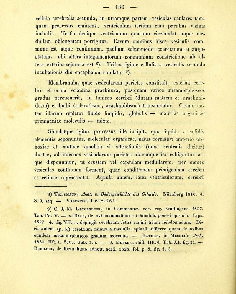 cellula ccrebralis secunda, in utramque partem vesiculas oculares tam- quam processus emittens, ventriculum tertium cum partibus vicinis includit. Tertia denique ventriculum quartum circumdat inque nie- dullam oblongatam porrigitur. Cavum omnibus hisce vesiculis com- mune est atque continuum, pauUum solummodo coarctatum et angu- statum, ubi altera integumentorum communium constrictione ab al- tera exterius sejuncta est 8). Tribus igitur cellulis s. vesiculis secundo incubationls die encephalon conflatur 9). Membranula, quae vesicularum parietes constituit, externa cere- bro et oculo velamina praebitura, postquam varios metamorphoseos gradus percucurrit, in tunicas cerebri (duram matrera et arachnoi- deam) et bulbi (scleroticam, arachnoideam) transmutatur. Cavum au- tem illarum repletur fluido limpido, globulis — materiae organicae primigeniae moleculls — mixto. Simulatque igitur processus ille incipit, quo Jiquida a solidis elementis seponuntur, moleculae organicae, nisus formativi imperio ob- noxiae et mutuae quadam vi attractionls (quae centralis dicilur) ductae, ad internos vesicularum parietes ubicunque ita colliguntur at- que disponuntur, ut crustam vel capsulam medullärem, per omnes vesiculas continuam forment, quae conditionem primigeniam cerebri et retinae repraesentat. Aquula autem, latex ventriculorum, cerebri 8) TiEDEMANN, Anat, u. Bildgsgeschichte des Geh'rn's. Nürnberg 1810. 4. S. 9. seq. — Valentin, 1. c. S. 161. 9) C. J. M. Langenbeck, in Commentar. soc. reg. Goüiugeus. 1827. Tab. IV. V. — V. Baer, de ovi mammalium et hominis genesi epistola. Lips. 1827. 4. fig. VII. a. depingit cerebrum fetus canini trium hebdomadiim. Di- cit autem (p, 6.) cerebrum minus a meduUa spinali differre quam iu avibus eundem metamorphoseos gradum assecutis. — Rathke, iu Meckel's Arch. 1830. Hft. 1. S.63. Tab. 1. i. — J. Müller, ibid. Hft.4. Tab. XI. fig. 11.— Burdach, de foetu hum. adnott. acad. 1828. fol. p. 5. fig. 1. 2.