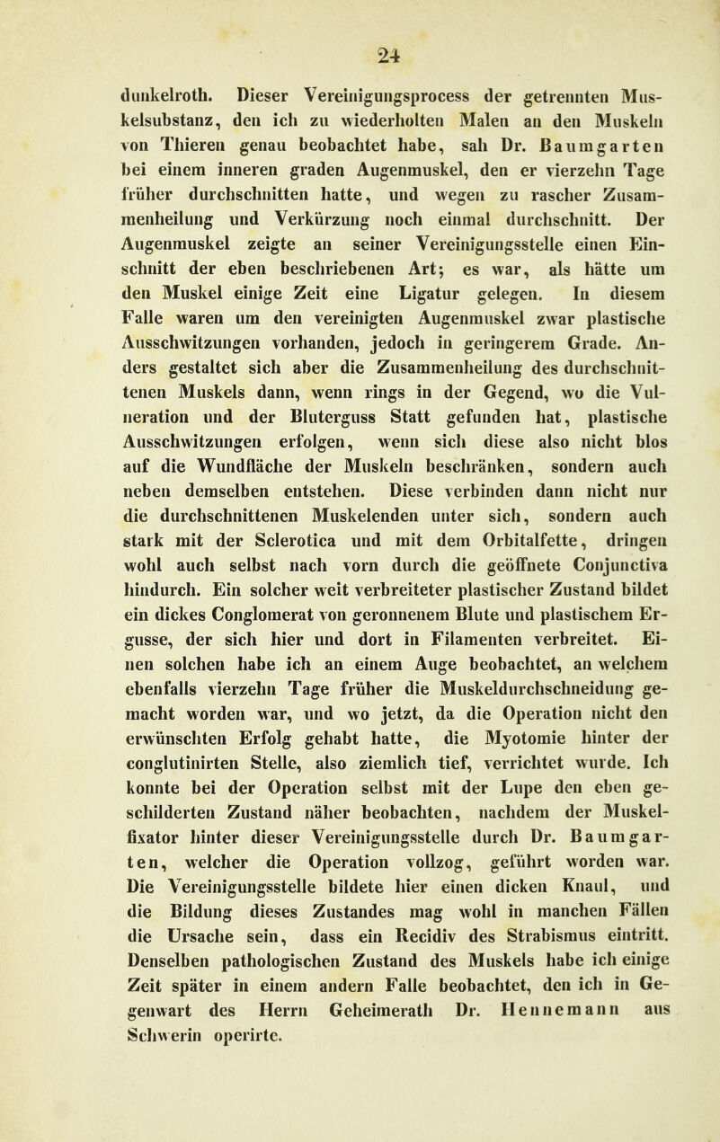 dunkelroth. Dieser Vereinigungsprocess der getrennten Mus- kelsubstanz, den ich zu wiederholten Malen an den Muskeln von Thieren genau beobachtet habe, sah Dr. Baum garten bei einem inneren graden Augenmuskel, den er vierzehn Tage früher durchschnitten hatte, und wegen zu rascher Zusam- menheilung und Verkürzung noch einmal durchschnitt. Der Augenmuskel zeigte an seiner Vereinigungsstelle einen Ein- schnitt der eben beschriebenen Art; es war, als hätte um den Muskel einige Zeit eine Ligatur gelegen. In diesem Falle waren um den vereinigten Augenmuskel zwar plastische Ausschwitzungen vorhanden, jedoch in geringerem Grade. An- ders gestaltet sich aber die Zusammenheilung des durchschnit- tenen Muskels dann, wenn rings in der Gegend, wo die Vul- neration und der Bluterguss Statt gefunden hat, plastische Ausschwitzungen erfolgen, wenn sich diese also nicht blos auf die Wundfläche der Muskeln beschränken, sondern auch neben demselben entstehen. Diese verbinden dann nicht nur die durchschnittenen Muskelenden unter sich, sondern auch stark mit der Sclerotica und mit dem Orbitalfette, dringen wohl auch selbst nach vorn durch die geöffnete Conjunctiva hindurch. Ein solcher weit verbreiteter plastischer Zustand bildet ein dickes Conglomerat von geronnenem Blute und plastischem Er- güsse, der sich hier und dort in Filamenten verbreitet. Ei- nen solchen habe ich an einem Auge beobachtet, an welchem ebenfalls vierzehn Tage früher die Muskeldurchschneidung ge- macht worden war, und wo jetzt, da die Operation nicht den erwünschten Erfolg gehabt hatte, die Myotomie hinter der conglutinirten Stelle, also ziemlich tief, verrichtet wurde. Ich konnte bei der Operation selbst mit der Lupe den eben ge- schilderten Zustand näher beobachten, nachdem der Muskel- fixator hinter dieser Vereinigungsstelle durch Dr. B a u m g a r- ten, welcher die Operation vollzog, geführt worden war. Die Vereinigungsstelle bildete hier einen dicken Knaul, und die Bildung dieses Zustandes mag wohl in manchen Fällen die Ursache sein, dass ein Recidiv des Strabismus eintritt. Denselben pathologischen Zustand des Muskels habe ich einige Zeit später in einem andern Falle beobachtet, den ich in Ge- genwart des Herrn Geheimerath Dr. Henne mann aus Schwerin operirtc.