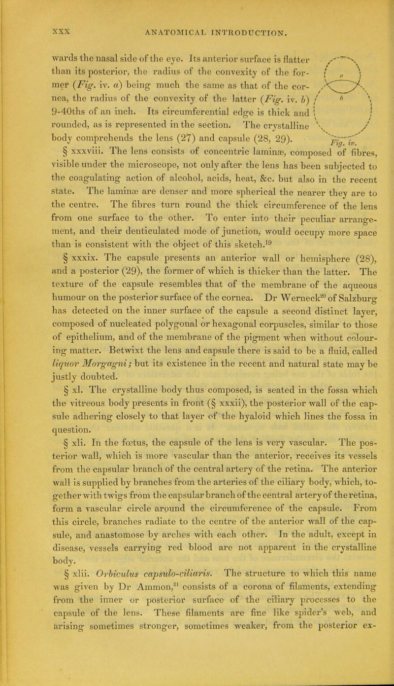 wards the nasal side of tlie eye. Its anterior surface is flatter than its posterior, the radius of the convexity of the for- j' „ '5 mer {Fig. iv. a) being much the same as that of the cor- '''CZI^^^ nea, the radius of the convexity of the latter {Fig. iv. J) / \ 9-40ths of an inch. Its circumferential edge is thick and i / rounded, as is represented in the section. The crystalline '\ / body comprehends the lens (27) and capsule (28, 29). Fig'lv' § xxxviii. The lens consists of concentric laminae, composed of fibres, visible under the microscope, not only after the lens has been subjected to the coagulating action of alcohol, acids, heat, &c. but also in the recent state. The laminae are denser and more spherical the nearer they are to the centre. The fibres turn round the thick circumference of the lens from one surface to the other. To enter into their peculiar arrange- ment, and their denticulated mode of junction, would occupy more space than is consistent with the object of this sketch.'^ § xxxix. The capsule presents an anterior wall or hemisphere (28), and a posterior (29), the former of which is thicker than the latter. The texture of the capsule resembles that of the membrane of the aqueous humour on the posterior surface of the cornea. Dr Werneck^ of Salzburg has detected on the inner surface of the capsule a second distinct layer, composed of nucleated polygonal or hexagonal corpuscles, similar to those of epithelium, and of the membrane of the pigment when without colour- ing matter. Betwixt the lens and capsule there is said to be a fluid, called liquor Morgagni; but its existence in the recent and natural state may be justly doubted. § xl. The crystalline body thus composed, is seated in the fossa which the vitreous body presents in front (§ xxxii), the posterior wall of the cap- sule adhering closely to that layer of the hyaloid which lines the fossa in question. § xli. In the foetus, the capsule of the lens is very vascular. The pos- terior wall, which is more vascular than the anterior, receives its vessels from the capsular branch of the central artery of the retina. The anterior wall is supplied by branches from the arteries of the ciliary body, which, to- gether with twigs from the capsular branch of the central artery of the retina, form a vascular circle around the circumference of the capsule. From this circle, branches radiate to the centre of the anterior wall of the cap- sule, and anastomose by arches with each other. In the adult, except in disease, vessels carrying red blood are not apparent in the crystalline body. § xlii. Orhiculus cajjsulo-ciliaris. The structure to which this name was given by Dr Ammon,^' consists of a corona of filaments, extending from the inner or posterior surface of the ciliary processes to the capsule of the lens. These filaments are fine like spider's web, and arising sometimes stronger, sometimes weaker, from the posterior ex-