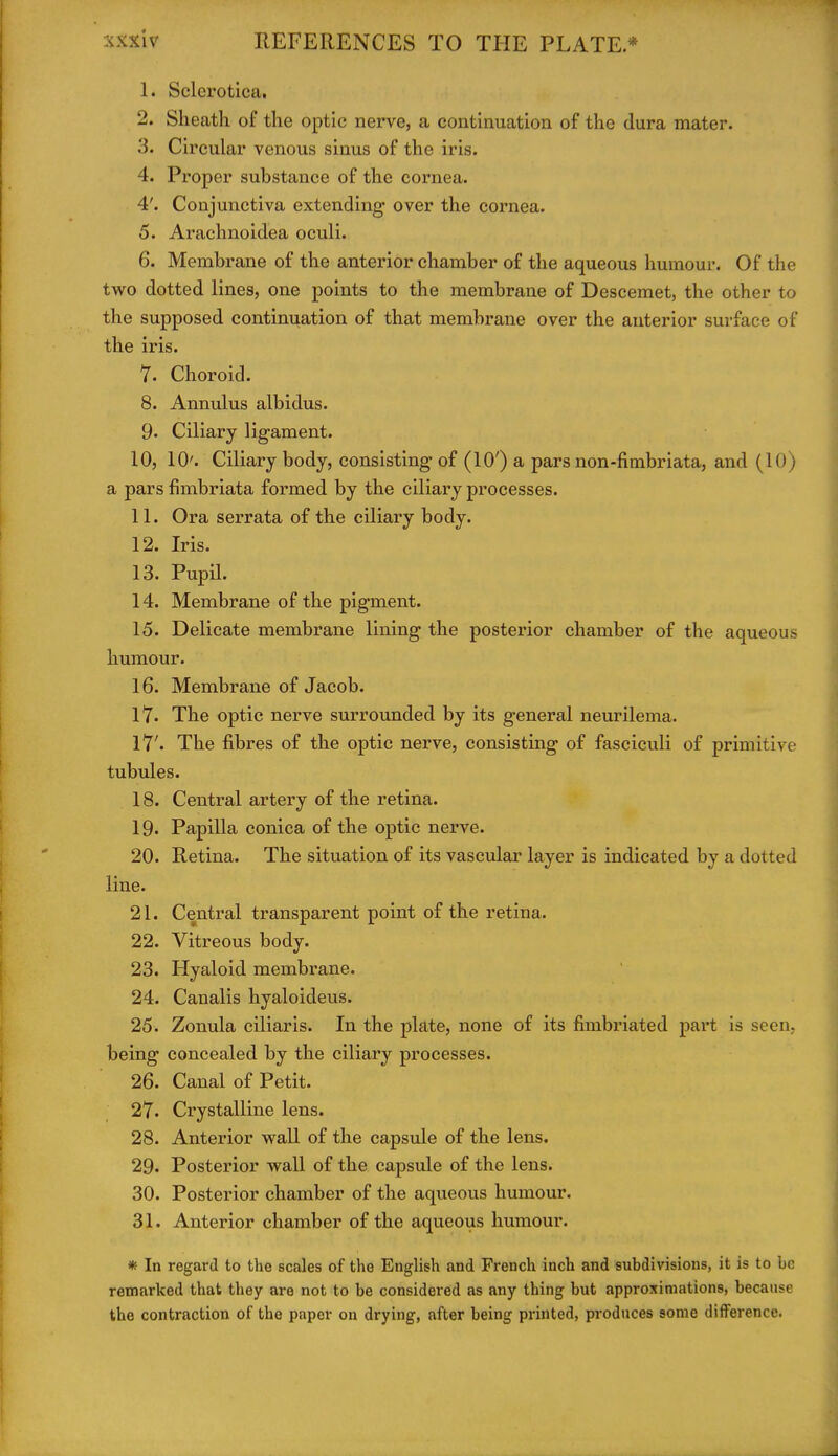 1. Sclerotica. 2. Sheath of the optic nerve, a continuation of the dura mater. 3. Circular venous sinus of the iris. 4. Proper substance of the cornea. 4'. Conjunctiva extending over the cornea. 5. Arachnoidea oculi. 6. Membrane of the anterior chamber of the aqueous humour. Of the two dotted lines, one points to the membrane of Descemet, the other to the supposed continuation of that membrane over the anterior surface of the iris. 7. Choroid. 8. Annulus albidus. 9. Ciliary ligament. 10. 10'. Ciliary body, consisting of (10') a pars non-firabriata, and (10) a pars fimbriata formed by the ciliary processes. 11. Ora serrata of the ciliary body. 12. Iris. 13. Pupil. 14. Membrane of the pigment. 15. Delicate membrane lining the posterior chamber of the aqueous humour. 16. Membrane of Jacob. 17. The optic nerve surrounded by its general neurilema. 17'. The fibres of the optic nerve, consisting of fasciculi of primitive tubules. 18. Central artery of the retina. 19. Papilla conica of the optic nerve. 20. Retina. The situation of its vascular layer is indicated by a dotted line. 21. Central transparent point of the retina. 22. Vitreous body. 23. Hyaloid membrane. 24. Canalis hyaloideus. 25. Zonula ciliaris. In the plate, none of its fimbriated part is seen, being concealed by the ciliary processes. 26. Canal of Petit. 27. Crystalline lens. 28. Anterior wall of the capsule of the lens. 29. Posterior wall of the capsule of the lens. 30. Posterior chamber of the aqueous humour. 31. Anterior chamber of the aqueous humour. * In regard to the scales of the English and French inch and subdivisions, it is to be remarked that they are not to be considered as any thing but approximations, because the contraction of the paper on drying, after being printed, produces some difference.