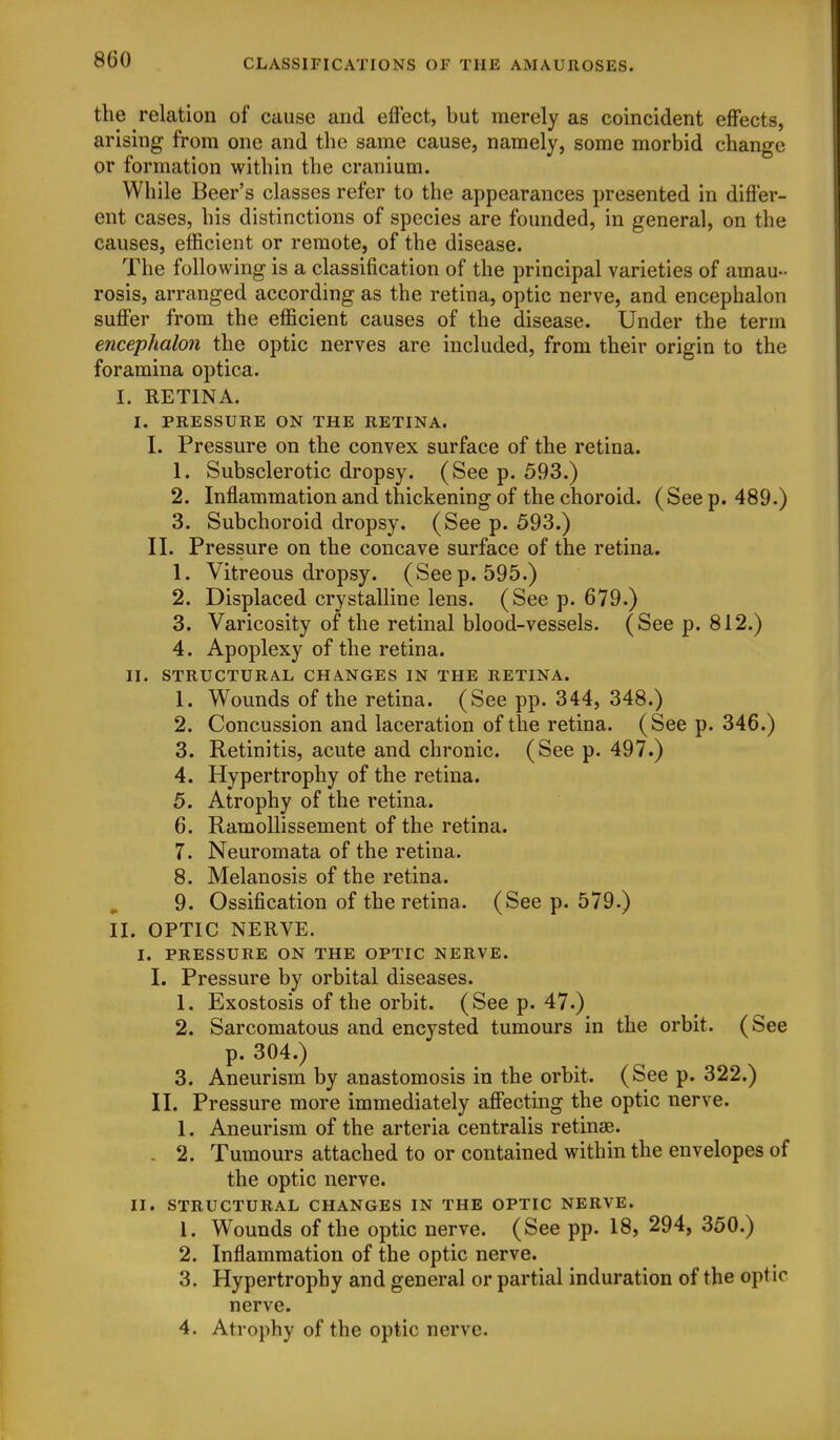 the relation of cause and effect, but merely as coincident effects, arising from one and the same cause, namely, some morbid change or formation within the cranium. While Beer's classes refer to the appearances presented in differ- ent cases, his distinctions of species are founded, in general, on the causes, efficient or remote, of the disease. The following is a classification of the principal varieties of amau- rosis, arranged according as the retina, optic nerve, and encephalon suffer from the efficient causes of the disease. Under the term encephalon the optic nerves are included, from their origin to the foramina optica. I. RETINA. I. PRESSURE ON THE RETINA. I. Pressure on the convex surface of the retina. 1. Subsclerotic dropsy. (See p. 593.) 2. Inflammation and thickening of the choroid. (Seep. 489.) 3. Subchoroid dropsy. (See p. 593.) II. Pressure on the concave surface of the retina. 1. Vitreous dropsy. (Seep. 595.) 2. Displaced crystalline lens. (See p. 679.) 3. Varicosity of the retinal blood-vessels. (See p. 812.) 4. Apoplexy of the retina. II. STRUCTURAL CHANGES IN THE RETINA. 1. Wounds of the retina. (See pp. 344, 348.) 2. Concussion and laceration of the retina. (See p. 346.) 3. Retinitis, acute and chronic. (See p. 497.) 4. Hypertrophy of the retina. 5. Atrophy of the retina. 6. Ramollissement of the retina. 7. Neuromata of the retina. 8. Melanosis of the retina. 9. Ossification of the retina. (See p. 579.) II. OPTIC NERVE. I. PRESSURE ON THE OPTIC NERVE. I. Pressure by orbital diseases. 1. Exostosis of the orbit. (See p. 47.) 2. Sarcomatous and encysted tumours in the orbit. (See p. 304.) 3. Aneurism by anastomosis in the orbit. (See p. 322.) II. Pressure more immediately affecting the optic nerve. 1. Aneurism of the arteria centralis retinae. - 2. Tumours attached to or contained within the envelopes of the optic nerve. II. STRUCTURAL CHANGES IN THE OPTIC NERVE. 1. Wounds of the optic nerve. (See pp. 18, 294, 350.) 2. Inflammation of the optic nerve. 3. Hypertrophy and general or partial induration of the optic nerve. 4. Atrophy of the optic nerve.