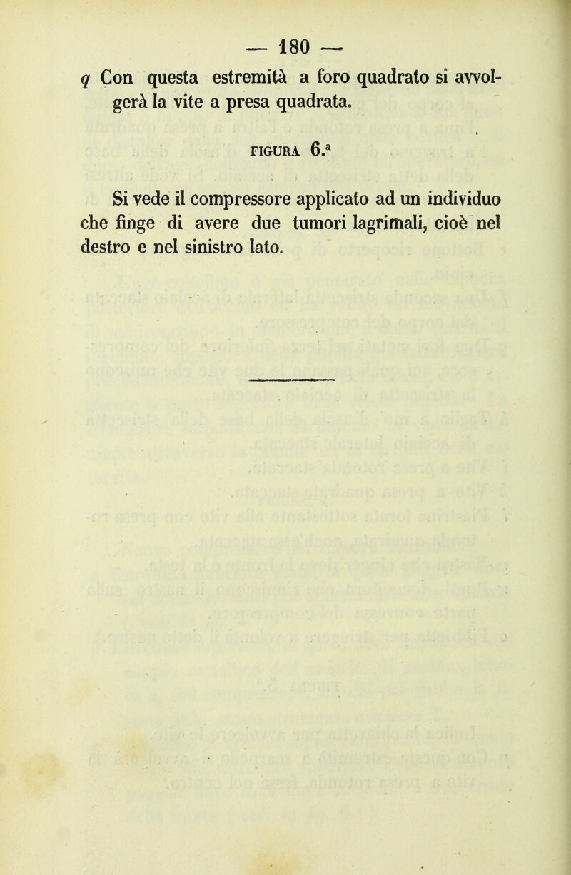 q Con questa estremità a foro quadrato si avvol- gerà la vite a presa quadrata. FIGURA 6.^ Si vede il compressore applicato ad un individuo che finge di avere due tumori lagrimali, cioè nel destro e nel sinistro lato.