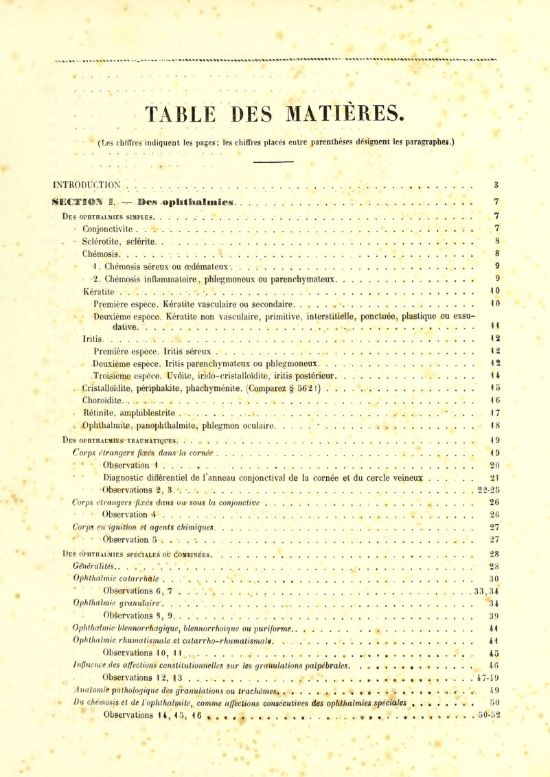 TABLE DES MATIÈRES. 1 (Les chiffres indiquent les pages; les chiffres placés entre parenthèses désignent les paragraphes.) INTRODUCTION '. -, • v \ • '»•»- .« *• ' • • ■ ■ * SECTI©^ I. — Des ophtltalniies ! 7 Des ophthalmies simples. .... : - . 7 - Conjonctivite s . 7 » « Sclérotite, sclérite 8 Chémosis. . 8 1. Chémosis séreux ou œdémateux- 9 •2. Chémosis inflammatoire, phlegmoneux ou parenchymateux 9 Kératite 10 Première espèce. Kératite vasculaire ou secondaire 10 Deuxième espèce. Kératite non vasculaire, primitive, interstitielle, ponctuée, plastique ou exsu- dative M Iritis 12 Première espèce. Iritis séreux 12 Deuxième espèce. Iritis parenchymateux ou phlegmoneux 12 Troisième espèce. Uvéite, irido-cristalloïdite, iritis postérieur 14 . Cristalloïdite, périphakite, phachyménite. (Comparez § 562!) 15 Choroïdite 16 r Rétinite, amphiblestrite •.. ... 17 s Ophthalmite, panophthalmite, phlegmon oculaire • 18 Des OPHTHALMIES TRAUMATIQUES 19 Corps étrangers fixés dans la cornée 19 ' ' • Observation 1 20 Diagnostic différentiel de l'anneau conjonctival de la cornée et du cercle veineux 21 • • -Observations 2, 3.\ . . „ 22-25 Corps étrangers fixés dans ou' sous lu conjonctive , 26 * • • Observation 4 ■ 26 Corps en ignition et agents chimiques 27 * ' Observation 5 . . 27 Des ophthalmies spéciales ou combinées 28 Généralités '. '. ' 28 Ophthalmie catarrhâle . . . . . . . ,*<4*\ , 30 * ' ' Observations 6, 7 . . . \ \ . : » .#. 33,34 Ophthalmie granulaire. 34 Observations 8, 9 39 Ophthalmie blennorrhagique, blennorrhoïque ou puriforme , . 44 Ophthalmie rhumatismale et calarrho-rhumalismals. . 41 Observations 10, 11 , 45 Influence des affections constitutionnelles sur les granulations palpébrales 46 Observations 12, 13 47-49 Analomie pathologique des granulations ou trachomes , . . . t . . 49 Du chémosis et de ,1'ophthalmilc, comme affections consécutives des ophthalmies spéciales , 50