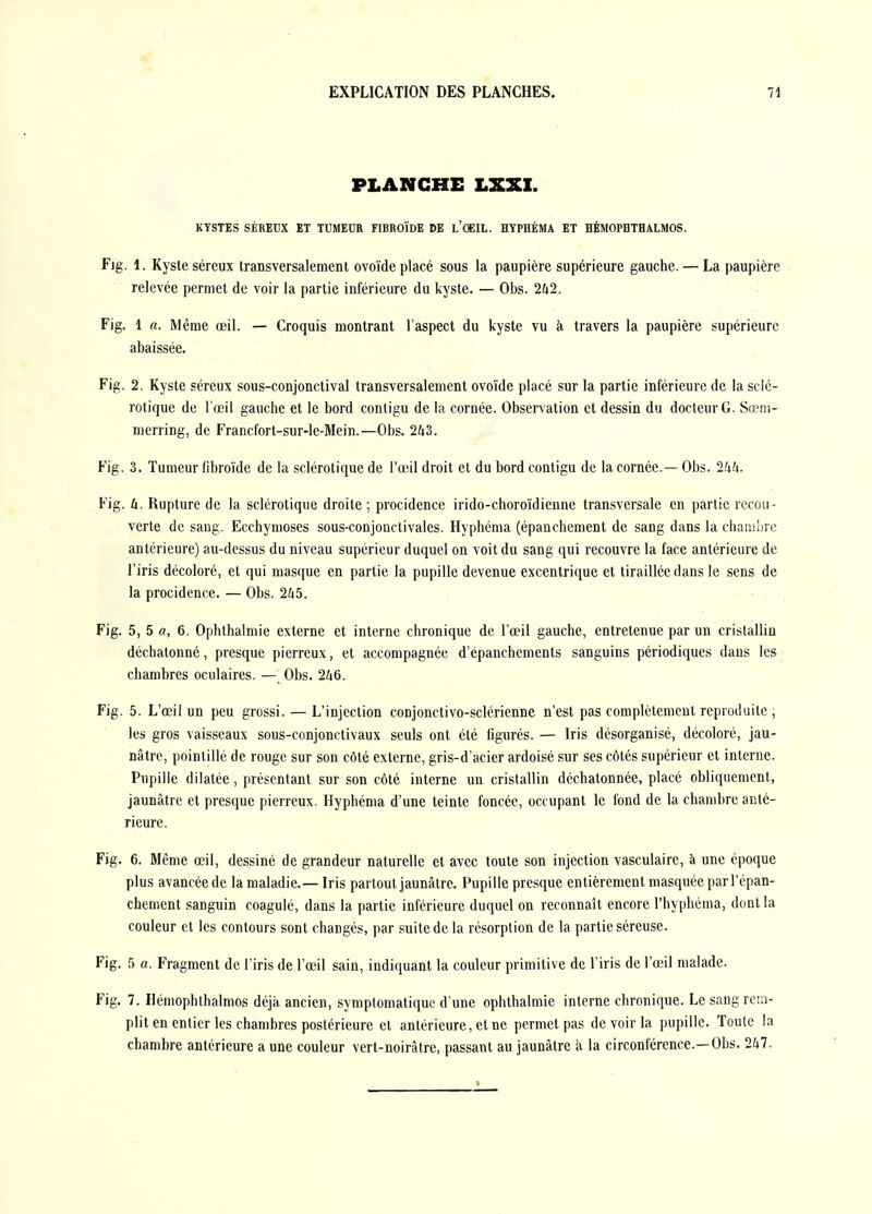 PLANCHE LXXI. KYSTES SÉREUX ET TUMEUR FIBROÏDE DE l'œIL. HYPHÉMA ET HÉMOPHTHALMOS. Fjg. 1. Kyste séreux transversalement ovoïde placé sous la paupière supérieure gauche. — La paupière relevée permet de voir la partie inférieure du kyste. — Obs. 2/42. Fig. 1 a. Même œil. — Croquis montrant l'aspect du kyste vu à travers la paupière supérieure abaissée. Fig. 2. Kyste séreux sous-conjonctival transversalement ovoïde placé sur la partie inférieure de la sclé- rotique de l'œil gauche et le bord contigu de la cornée. Observation et dessin du docteur G. So^i»- merring, de Francfort-sur-le-Mein.—Obs. 2/i3. Fig. 3. Tumeur fibroïde de la sclérotique de l'œil droit et du bord contigu de la cornée.— Obs. Ihh. Fig. k. Rupture de la sclérotique droite ; procidence irido-choroïdienne transversale en partie recou- verte de sang. Ecchymoses sous-conjonctivales. Hyphéma (épanchement de sang dans la chaaiore antérieure) au-dessus du niveau supérieur duquel on voit du sang qui recouvre la face antérieure de l'iris décoloré, et qui masque en partie la pupille devenue excentrique et tiraillée dans le sens de la procidence. — Obs. 2^15. ; . Fig. 5, 5 a, 6. Ophthalmie externe et interne chronique de l'œil gauche, entretenue par un cristallin déchatonné, presque pierreux, et accompagnée d'épanchements sanguins périodiques dans les chambres oculaires. —'Obs. 246. Fig. 5. L'œil un peu grossi. — L'injection conjonctivo-sclérienne n'est pas complètement reproduite ; les gros vaisseaux sous-conjonctivaux seuls ont été figurés. — Iris désorganisé, décoloré, jau- nâtre, pointillé de rouge sur son côté externe, gris-d'acier ardoisé sur ses côtés supérieur et interne. Pupille dilatée, présentant sur son côté interne un cristallin déchatonnée, placé obliquement, jaunâtre et presque pierreux. Hyphéma d'une teinte foncée, occupant le fond de la chambre anté- rieure. Fig. 6. IMême œil, dessiné de grandeur naturelle et avec toute son injection vasculaire, à une époque plus avancée de la maladie.— Iris partout jaunâtre. Pupille presque entièrement masquée par l'épan- chement sanguin coagulé, dans la partie inférieure duquel on reconnaît encore l'hyphéma, dont la couleur et les contours sont changés, par suite de la résorption de la partie séreuse. Fig. 5 a. Fragment de l'iris de l'œil sain, indiquant la couleur primitive de l'iris de l'œil malade. Fig. 7. Héniophthalmos déjà ancien, symptomatiquc d'une ophthalmie interne chronique. Le sang rem- plit en entier les chambres postérieure et antérieure, et ne permet pas de voir la pupille. Toute la chambre antérieure a une couleur vert-noirâtre, passant au jaunâtre à la circonférence.—Obs. 2hl.