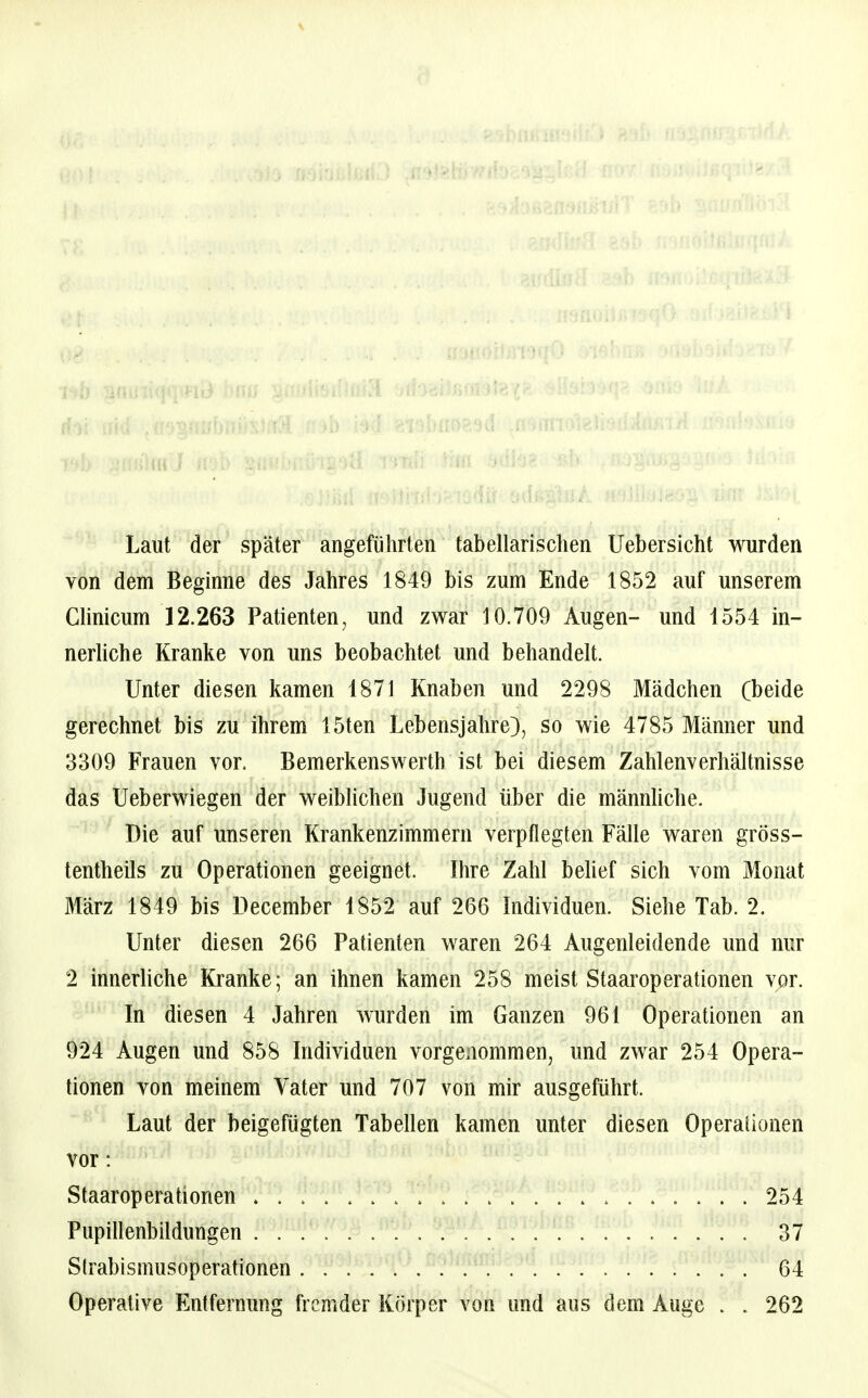 Laut der später angeführten tabellarischen Uebersicht wurden von dem Beginne des Jahres 1849 bis zum Ende 1852 auf unserem Clinicum 12.263 Patienten, und zwar 10.709 Augen- und 1554 in- nerliche Kranke von uns beobachtet und behandelt. Unter diesen kamen 1871 Knaben und 2298 Mädchen Cbeide gerechnet bis zu ihrem 15ten Lebensjahre), so wie 4785 Männer und 3309 Frauen vor. Bemerkenswerth ist bei diesem Zahlenverhältnisse das üeberwiegen der weiblichen Jugend über die männhche. Die auf unseren Krankenzimmern verpflegten Fälle waren gröss- tentheils zu Operationen geeignet. Ihre Zahl behef sich vom Monat März 1849 bis December 1852 auf 266 Individuen. Siehe Tab. 2. Unter diesen 266 Patienten waren 264 Augenleidende und nur 2 innerUche Kranke; an ihnen kamen 258 meist Staaroperationen vor. In diesen 4 Jahren wurden im Ganzen 961 Operationen an 924 Augen und 858 Individuen vorgenommen, und zwar 254 Opera- tionen von meinem Vater und 707 von mir ausgeführt. Laut der beigefügten Tabellen kamen unter diesen Operationen vor: Staaroperationen , 254 Pupillenbildungen , 37 Strabismusoperationen 64 Operative Entfernung fremder Körper von und aus dem Auge . . 262