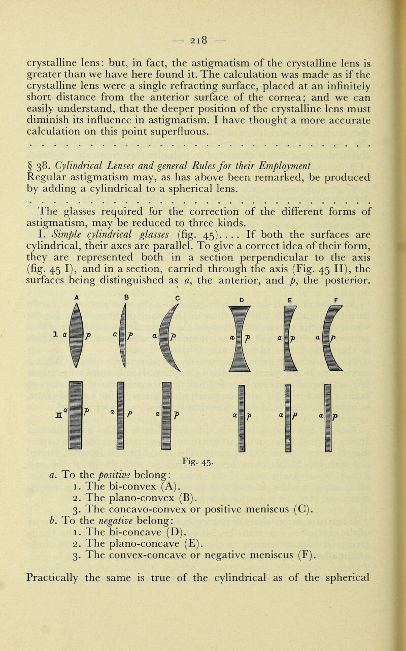 crystalline lens: but, in fact, the astigmatism of the crystalline lens is greater than we have here found it. The calculation was made as if the crystalline lens were a single refracting surface, placed at an infinitely short distance from the anterior surface of the cornea; and we can easily understand, that the deeper position of the crystalline lens must diminish its influence in astigmatism. I have thought a more accurate calculation on this point superfluous. § 38. Cylindrical Lenses and general Rules for their Employment Regular astigmatism may, as has above been remarked, be produced by adding a cylindrical to a spherical lens. The glasses required for the correction of the different forms of astigmatism, may be reduced to three kinds. I. Simple cylindrical glasses (fig. 45). ... If both the surfaces are cylindrical, their axes are parallel. To give a correct idea of their form, they are represented both in a section perpendicular to the axis (fig. 45 I), and in a section, carried through the axis (Fig. 45 II), the surfaces being distinguished as a, the anterior, and p, the posterior. Fig. 45- . a. To the positive belong: 1. The bi-convex (A). 2. The plano-convex (B). 3. The concavo-convex or positive meniscus (C). b. To the negative belong: 1. The bi-concave (D). 2. The plano-concave (E). 3. The convex-concave or negative meniscus (F). Practically the same is true of the cylindrical as of the spherical