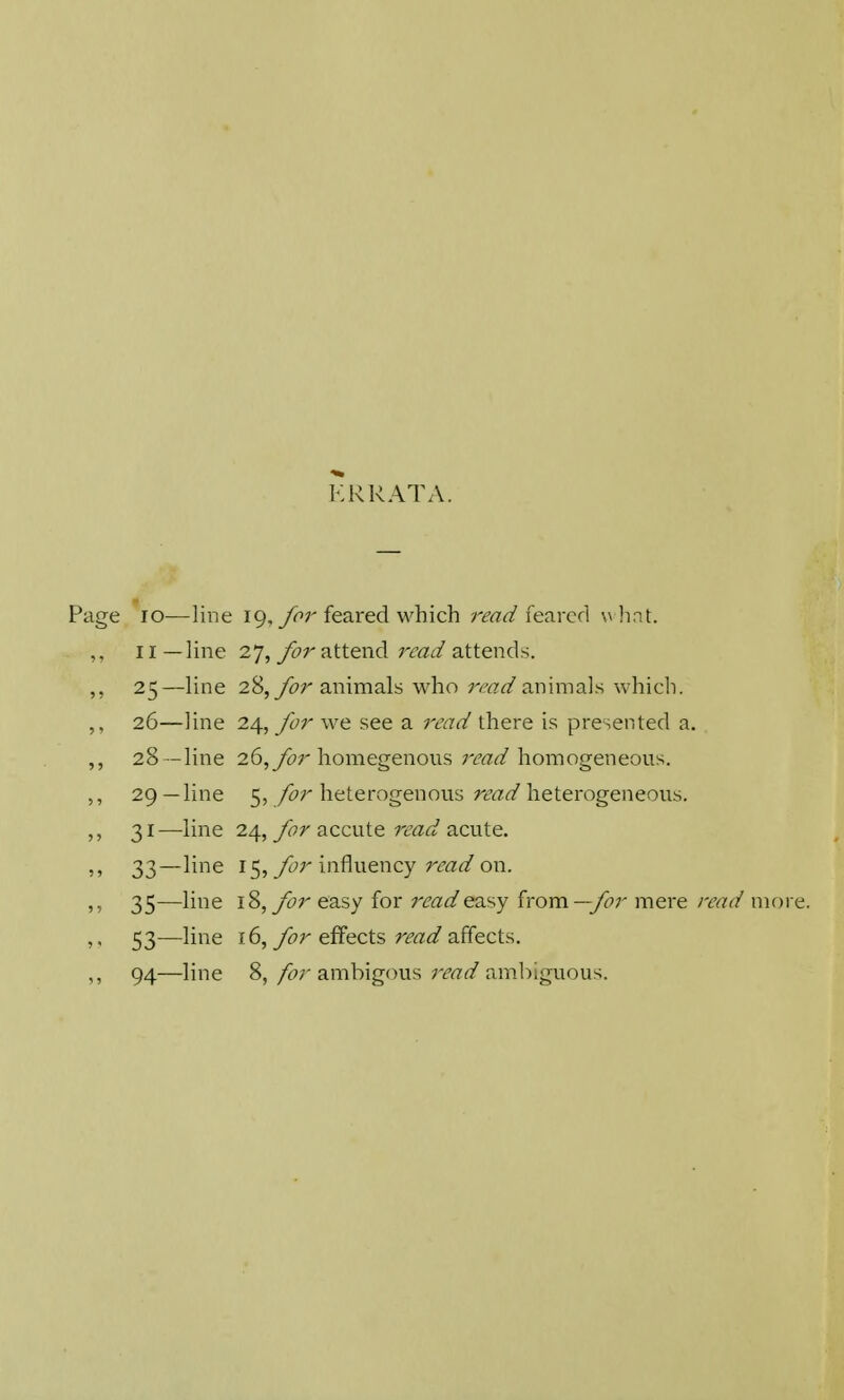 ERRATA. Page 10—line 19, for feared which read feared vvhat. ,, 11—line 27, for attend read attends. ,, 25—line 28, for animals who read animals which. 26—line 24, for we see a read there is presented a. ,, 28 —line 26, for homegenous read homogeneous. 29—line $i.for heterogenous read heterogeneous. ,, 31—line 24, for accute read acute. ,, 33—line 15, for influency read on. ,, 35—line 18, for easy for read easy from—-for mere read more. 53—line f 6, for effects read affects. ,, 94—line 8, for ambigous read ambiguous.