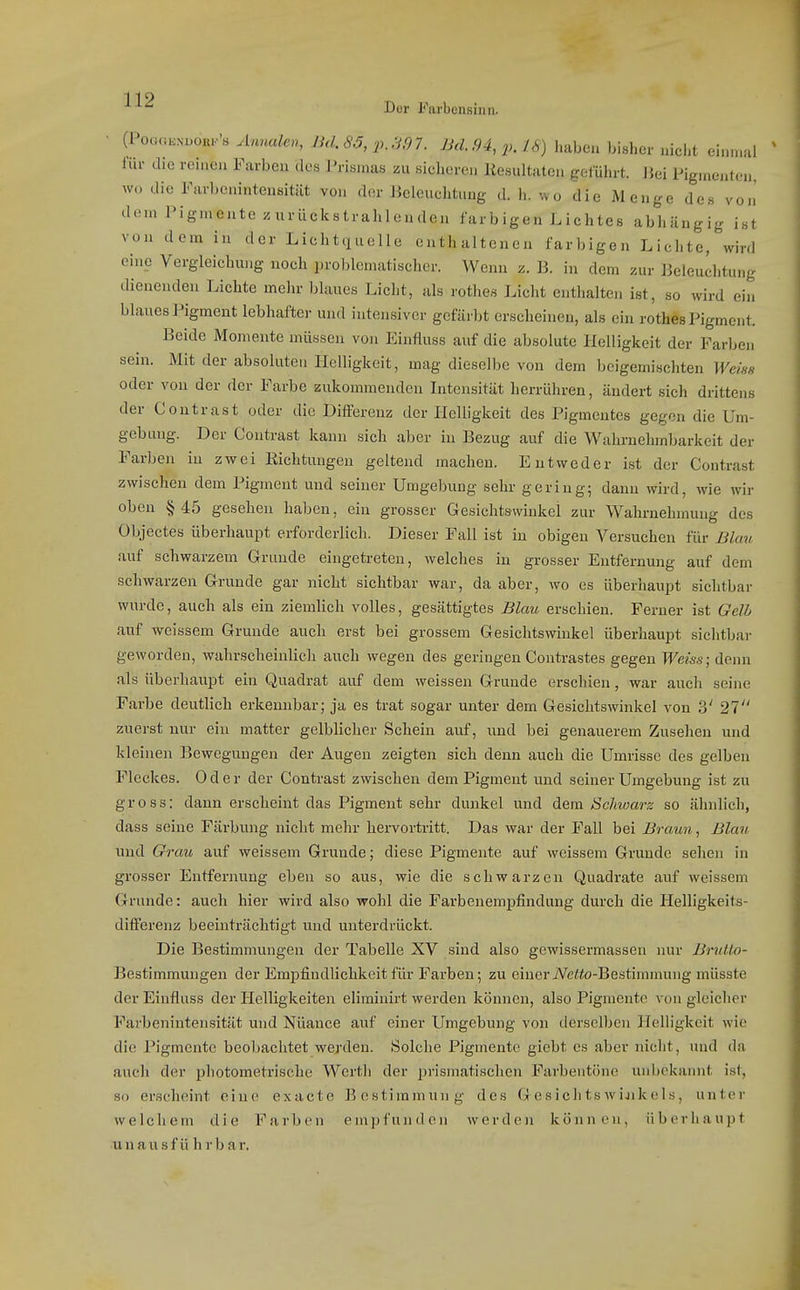 119 Der Farbensinn. ■ (Pogokndork's Annalen, Bd. 85, p. 3,97. Bc1.94,ik U) luiljc, bisher .nci.t einmal für die reinen Farben des Prismas zu sicheren liesultatcn geführt. iJei Pign.üiilcn, wo die Farbenintensität von der lieleuchtung d. h. -.v u die Menge des von dem Pigmente zurückstrahlenden farbigen Lichtes abhängig ist von dem in der Lichtquelle enthaltenen farbigen Lichte, wird eine Vergleichung noch problematischer. Wenn z. B. in dem zur Beleuchtung dienenden Lichte mehr blaues Licht, als rothes Licht enthalten ist, so wird ein blaues Pigment lebhafter und intensiver gefärbt erscheinen, als ein rothes Pigment. Beide Momente müssen von Einfluss auf die absolute Helligkeit der Farben sein. Mit der absoluten Helligkeit, mag dieselbe von dem beigemischten Wehs oder von der der Farbe zukommenden Intensität herrühren, ändert sich drittens der Coutrast oder die Differenz der Helligkeit des Pigmentes gegen die Um- gebung. Der Contrast kann sich aber in Bezug auf die Wahi-nehmbarkeit der Farben in zwei ßichtungen geltend machen. Entweder ist der Contrast zwischen dem Pigment und seiner Umgebung sehr gering; dann wird, wie wir oben § 45 gesehen haben, ein grosser Gesichtswinkel zur Wahrnehmung des Objectes überhaupt erforderlich. Dieser Fall ist in obigen Versuchen für Blau auf schwarzem Grunde eingetreten, welches in grosser Entfernung auf dem .schwarzen Grunde gar nicht sichtbar war, da aber, wo es überhaupt sichtbar wurde, auch als ein ziemlich volles, gesättigtes Blau erschien. Ferner ist Gelh auf weissem Grunde auch erst bei grossem Gesichtswinkel überhaupt sichtbar geworden, wahrscheinlich auch wegen des geringen Contrastes gegen Weiss; denn als überhaupt ein Quadrat auf dem weissen Grunde erschien, war auch seine Farbe deutlich erkennbar; ja es trat sogar unter dem Gesichtswinkel von 3' 27 zuerst nur ein matter gelblicher Schein auf, und bei genauerem Zusehen und kleinen Bewegungen der Augen zeigten sich denn auch die Umrisse des gelben Fleckes. Oder der Contrast zwischen dem Pigment und seiner Umgebung ist zu gross: dann erscheint das Pigment sehr dunkel und ^^m. Sclmarz so ähnlich, dass seine Färbung nicht mehr hervortritt. Das war der Fall bei Braun, Blau und Grau auf weissem Grunde; diese Pigmente auf weissem Grunde sehen in grosser Entfernung eben so aus, wie die schwarzen Quadrate auf weissem Grunde: auch hier wird also wohl die Farbenempfindung durch die Helligkeits- differenz beeinträchtigt und unterdrückt. Die Bestimmungen der Tabelle XV sind also gewissermassen nur Brnllo- Bestimmungen der Empfindlichkeit für Farben; zu einer iVetto-Bestimmung müsste der Einfluss der Helligkeiten elimiuirt werden können, also Pigmente von gleicher Farbenintensität und Nüance auf einer Umgebung von derselben Helligkeit wie die Pigmente beobachtet wejden. Solche Pigmente giebt es aber nicht, und da auch der photometrischc Werth der prismatischen Farbentöne iud)ekannt ist, so erscheint eine exacte Bestimmung des G esichtswijikels, unter welchem die Fiirbcn empfunden werden können, überhaupt un au sf ü h rb ar.