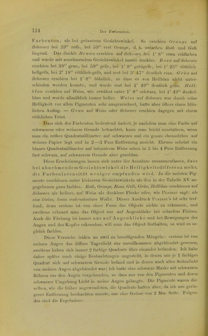 ■Ii'! . Der l'iiTl>oiisiim. Farbenton, als bei grösserem (losichtswinkel. So orschieu Orange auf ScIuJHirz bei 39 roth, bei hQ erst Orawjc, d. Ii. zwischen Roth und Gelb liegend. Das dunkle 7-a?n?, erschien n\d Schvarz bei 1' 8 etwa rehfarben und wurde mit zunehmendem Gesichtswinkel immer dunkler. Rosa a.u{ Sc/rwarz erschien bei 39 grau, bei 59 gelb, bei 1' 8 goldgelb, bei 1' 23 röthlich- hellgelb, bei 2' 18 rötldich-gclb, und erst bei 3' 47 deidlich rosa. Grün auf Sckwars erschien bei 1' 8 bläulich, so dass es von Hellblau nicht uuter- schieden werden konnte, und wiu-de erst bei 1' 49 deutlich grün. Hell- blau erschien auf Weiss, w;ie erwähnt unter 1' 8 schwarz, bei l' 49 dunkel- blau und wurde allmählich immer heller. Weiss auf Schwarz war durch seine Helligkeit vor allen Pigmenten sehr ausgezeichnet, hatte aber öfters einen bläu- liclien Anflug. Grau auf Weiss oder Schwarz erschien dagegen mit einem rölhlichen Teint. Dass sich der Farbenton bedeutend ändert, je nachdem man eine Farbe auf schwarzem oder weissem Grunde betrachtet, kann man leicht constatiren, wenn mau ein rothes Quadratmillimeter auf schwarzes und ein genau ebensolches auf weisses Papier legt und in 2—3 Fuss Entfernung ansieht. Ebenso scheint ein blaues Quadratmillimeter auf intensivem Weiss schon in 3 bis 4 Fuss Entfernung fast schwarz, auf schwarzem Grunde aber graublau. Diese Erscheinungen lassen sich unter der Annahme zusammenfassen, dass bei abnehmendem Gesichtswinkel di e Helligkeitsdifferenz mehr, die Favbenintensität weniger empfunden wird. Ja die meisten Pig- mente erschienen unter kleineren Gesichtswinkeln als den in der Tabelle XV an- gegebenen ganz farblos. Roth, Orange, Rosa, Gelb, Grün, HcUhlaii erschienen auf Schwarz als hellere, auf Weiss als dunklere Flecke oder, wie Plateau sagt: als eine Meine, ka.nm vialirnehmhare Wolke. Dieser Ausdruck Pi.ateau's ist sehr tref- fend, denn erstens ist von einer Form des Objects nichts zu erkennen, und zweitens erkennt man das Object nur auf Augenblicke bei scharfem Fixireu. Auch die Färbung ist immer nur auf Augenblicke und bei Bewegungen der Augen und des Kopfes erkennbar, will man das Object festhalten, so wird es so- gleich farblos. Diese Versuche leiden an zwei zu beseitigenden Mängeln: erstens ist von meinen Augen das diffuse Tageslicht ntir unvollkommen abgeblendet gewesen, zweitens haben sich immer 2 farbige Quadrate über einander befunden. Ich habe daher später noch einige Beobachtungen angestellt, in denen nur je 1 farbiges Quadrat sich auf schwarzem Grunde befand uiul in denen auch alles Seitenlicht von meinen Augen abgeblendet war; ich hatte eiiu^ schwarze Maske mit schwarzen Röhren vor den Augen vorgebunden, so dass nur von den PigmcMiteu und deren schwarzer Umgebung Licht in meine Augen gelaugte. Die Pigmente waren die- selben, wie die früher angewendeten, die Quadrate hatten aber, da ich aus gerin- gerer Entfernung beobachten musste, nur eine Grösse von 2 Mm. Seite. Folgen- des sind die Ergebnisse:
