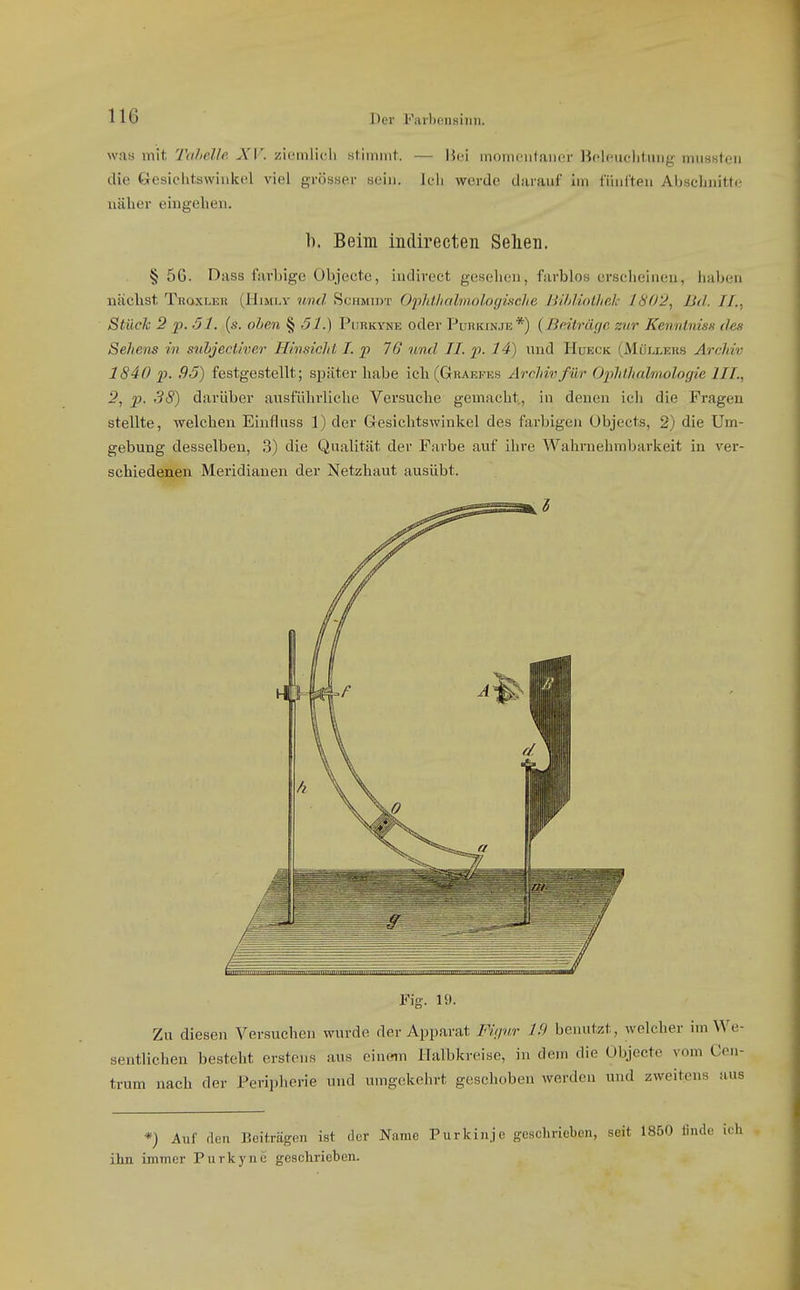was mit Tahelle. XV. ziemlich .stimiut. — Hei momentaner Heleuelitinig mussten die Gesiclitsvvinkel viel grösser sein. Jeli werde darauf Im fünften Absclmitti- näher eingehen. 1). Beim indirecten Sellen. § 56. Dass farbige Objecte, indirect gesehen, farblos erseheinen, haben nächst Tkoxler (Himlv und ScuMmr OpJdlicdinoloyiscIie ß/'/jl/oiliek 1802, Bd. II., Stück 2 p. 51. (s. ohen § öl.) Phrkyne oder Puiu<inji5*) (ßritrüf/e zur Kenninis» des Sehens in snhjectiver Hinsiclit I. p 76 7ind II. p. 14) und Hueck (Müllers Archiv 1840 x>- •9«5) festgestellt; später habe ich (Graefes Archiv für Ophthalmologie III., 2, p. 38) darüber ausführliche Versuche gemacht,, in denen ich die Fragen stellte, welchen Einflass 1) der Gesichtswinkel des farbigen Objects, 2) die Um- gebung desselben, 3) die Qualität der Farbe auf ihre Wahruehmbarkeit in ver- schiedenen Meridianen der Netzhaut ausübt. Zu diesen Versuchen wurde der Apparat Fifjnr 1.9 benutzt, welcher \mW sentlichen besteht erstens aus einffin Halbkreise, in dem die Objecte vom C( trum nach der Peripherie und umgekehrt geschoben werden und zweitens ii *) Auf den Beiträgen ist der Name Purkinje geschrieben, seit 1850 fim ihn immer Purkyne geschrieben.