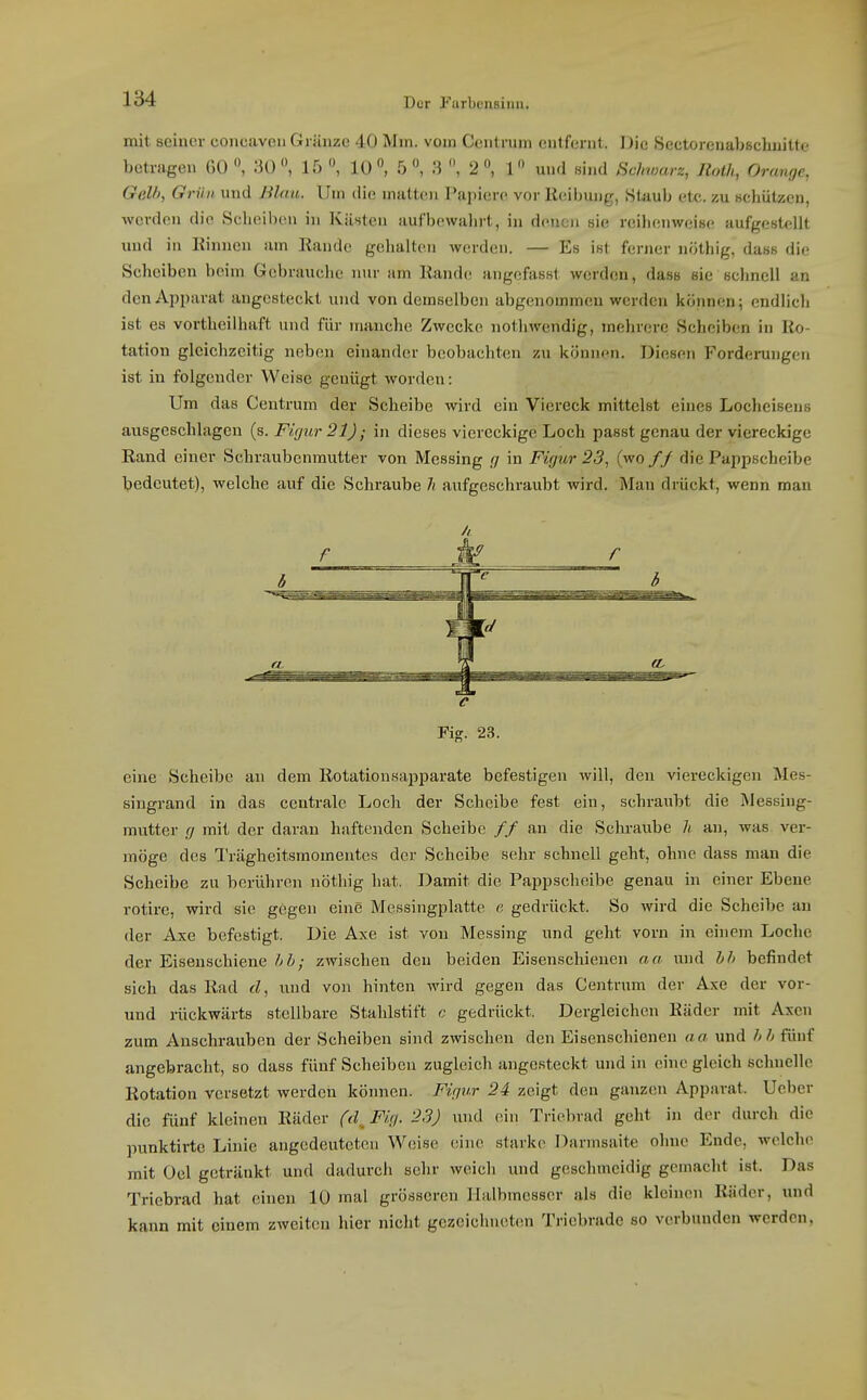 mit seiner eoncaven GiUiize 40 Mm. vom Centnim entfernt. Die Sectorenabsclmittc betrugen CO, 30, 15, 10, 5, .3 , 2, 1 und Bind Schwarz, Roth, Orange, Gelh, Grün und Jilau. Um die matten Papiere vor Keilnnig, Staub etc. zu Hcliülzcn, werden die Scheiben in Kästen aufbewaln-t, in denen sie reihenweise aufgestellt und in Kinnen am Eandc gehalten werden. — Es ist ferner nöthig, dass die Scheiben beim Gebrauche n\u' am Rande angcfasst werden, dass sie schnell an den Apparat angesteckt und von demselben abgenommen werden können; endlich ist es vortheilhaft und für manche Zwecke nothwendig, mehrere Scheiben in Ro- tation gleichzeitig neben einander beobachten zu können. Diesen Forderungen ist in folgender Weise genügt worden: Um das Centrum der Scheibe wird ein Viereck mittelst eines Locheisens ausgeschlagen (s. Figur 21); in dieses viereckige Loch passt genau der viereckige Eand einer Schraubenmutter von Messing g in Figur 23, (wo /f die Pappscheibe bedeutet), welche auf die Schraube h aufgeschraubt wird. Mau drückt, wenn man // e Fig. 23. eine Scheibe an dem Rotationsapparate befestigen will, den viereckigen Mes- singrand in das centrale Loch der Scheibe fest ein, schraubt die Messing- mutter g mit der daran haftenden Scheibe // an die Schraube /; an, was ver- möge des Trägheitsmomentes der Scheibe sehr schnell geht, ohne dass man die Scheibe zu berühren nöthig hat. Damit die Pappschoibe genau in einer Ebene rotirc, wird sie gegen eine Messingplatto c gedrückt. So wird die Scheibe au der Axe befestigt. Die Axe ist von Messing und geht vorn in einem Loche der Eisenschiene hh; zwischen den beiden Eisenschienen an und hh befindet sich das Rad d, und von hinten wird gegen das Centrnm der Axe der vor- und riickwärts stellbare Stahlstift c gedrückt. Dergleichen Räder mit Axen zum Anschrauben der Scheiben sind zwischen den Eisenschienen aa und hh fünf angebracht, so dass fünf Scheiben zugleich angesteckt und in eine gleich schnelle Rotation versetzt werden können. Figur 24 zeigt den ganzen Apparat. Uebcr die fünf kleinen Räder (d^ Fig. 23) und ein Triebrad geht in der durch die punktii-te Linie angedeuteten Weise eine starke Darmsaite ohne Ende, welche mit Oel getränkt und dadurch sehr weich und geschmeidig gemacht ist. Das Triebrad hat einen 10 mal grösseren Halbmesser al.s die kleinen Räder, und kann mit einem zweiten hier nicht gezeichneten Triebrade so verbunden werden,