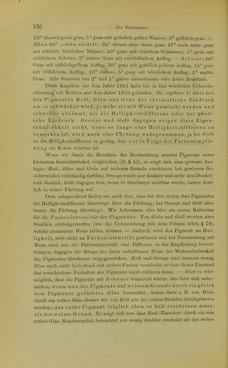 10'^ Überwiegend gi'au, 5gniu mit grünlich gelber Nüanee, 3 gelblich-grau. — Blau (iO richöu violett, 30 ebeniio aber etwas grau, 15 noch mehr grau mit röthlich bläulicher Nüancc, 10 gi'au mit violettem Schimmer, f) grau mit rötlilichem Scheine, 3 mattes Grau mit zweifelhattt-m Anflug. — Sc/ivxirz 60 Grau mit röthlichgelbem Anflug, 30 grau mit grünlich-gelbem Anflug, 15 grau mit röthlichcm Anflug, 10 ebenso, 5 grau mit bläulichem Anflug, 3 mattcü Grau. Alle Sectoren von 2 und 1 gaben unbestimmte oder keine Kesultate. Diese Angaben aus dem Jahre 18G1 hnl)e ich in fast wörtlicher Ueberein- stimmung mit Notizen aus dem Jahre 1859 gefunden. Sie ergeben: 1) dass bei den Pigmenten JioiS//, i^Za?{ nnd Grün der chromatische Eindruck um so schwächer wird, je mehr sie mit Weiss gemischt werden und schneller abnimmt, als die Helligkeitsdifferenz oder der photi- schc Eindruck. Oranr/e und Gell dagegen zeigen diese Eigen- thümlichkeit nicht, denn so lange eine Helligkcitsdifferenz zu bemerken ist, wir d auch eine Färbung wahrgenommen, ja bei (7ei6 ist die Helligkeitsdifferenz so gering, dass nur in Folge der Farbene,mi)fin- dung ein Kranz sichtbar ist. Wenn wir damit die Resultate der Beobachtung unserer Pigmente unter kleinstem Gesichtswinkel vergleichen (cf. § 55), so zeigt sich eine gewisse Ana- logie: Roth, Blau und Grün auf weissem Grunde erschienen bei gewissem Ge- sichtswinkel vollständig farblos; Orange wurde nur dunkler und mehr dem Dunkel- roth ähnlich, Gell dagegen trat, wenn es überhaupt sichtbar wurde, immer deut- lich in seiner Färbung auf. Dem entsprechend finden wir auch hier, dass bei den ersten dvei Pigmenten die Helligkeitsdiiferenz überwiegt über die Färbung; bei Orange und GeU aber immer die Färbung überwiegt. Wir bekommen also hier ein neues Kriterium für die Farbenintensität der Pigmente. Von Grün und Gelb werden aber Strahlen zurückgeworfen (wie die Untersuchung mit dem Prisma lehrt, § 78), welche zusammen Weiss bilden können — dadurch wird das Pigment an Hel- ligkeit, abe'r nicht an Farbenintensität gewinnen und bei Vermischimg mit Weiss wird nur die Farbenintensität eine Differenz in der Empfindung hervor- bringen, dagegen die Menge des darin enthaltenen Weiss der Wahrnehmbarkeit des Pigmentes überhaupt entgegenwirken. Roth und Oranqe sind äusserst wenig, Blau auch nicht bedeutend mit andern Farben vermischt, so dass dieser .Umstand das verschiedene Verhalten der Pigmente nicht erklären kaim. — Aber es wäre möglich, dass die Pigmente mit Scliioarz vermischt wären: das lässt sich unter- suchen, wenn man die Pigmente auf weissem Grunde durch ein gleich dem Pigmente gefärbtes Glas betrachtet, indem dann z. B. von Weiss durch ein rothes Glas ebenso wie von Roth nur die rothen Strahlen durchgelassen werden, das rothe Pigment folglich eben so hell erscheinen muss, als der weisse Grund. Es zeigt sich nun dass Roth (Zinnober) durch ein rein rothes Glas (Kupferoxydul) betrachtet, nur wenig dunkler erscheint als der weisse