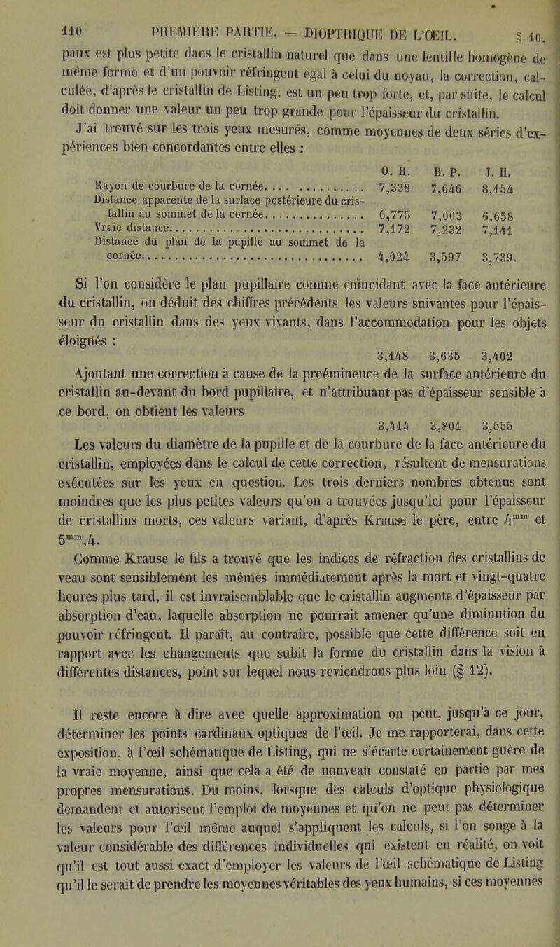 paux est plus petite dans le cristallin naturel que dans une lentille homogène de même forme et d'un pouvoir réfringent égal à celui du noyau, la correction, cal- culée, d'après le cristallin de Listing, est un peu trop forte, et, par suite, le calcul doit donner une valeur un peu trop grande pour l'épaisseur du cristallin. J'ai trouvé sur les trois yeux mesurés, comme moyennes de deux séries d'ex- périences bien concordantes entre elles : 0. H. B. P. J. H. 7,338 7,646 8,154 Distance apparente de la surface postérieure du cris- 6,775 7,003 6,658 7,172 7,232 7,141 Distance du plan de la pupille au sommet de la 4,024 3,597 3,739 Si l'on considère le plan pupillaire comme coïncidant avec la face antérieure du cristallin, on déduit des chiffres précédents les valeurs suivantes pour l'épais- seur du cristallin dans des yeux vivants, dans l'accommodation pour les objets éloignés : 3,148 3,635 3,402 Ajoutant une correction à cause de la proéminence de la surface antérieure du cristallin au-devant du bord pupillaire, et n'attribuant pas d'épaisseur sensible à ce bord, on obtient les valeurs 3,414 3,801 3,555 Les valeurs du diamètre de la pupille et de la courbure de la face antérieure du cristallin, employées dans le calcul de cette correction, résultent de mensurations exécutées sur les yeux en question. Les trois derniers nombres obtenus sont moindres que les plus petites valeurs qu'on a trouvées jusqu'ici pour l'épaisseur de cristallins morts, ces valeurs variant, d'après Krause le père, entre Umm et 5mm,U. Gomme Krause le fils a trouvé que les indices de réfraction des cristallins de veau sont sensiblement les mêmes immédiatement après la mort et vingt-quatre heures plus tard, il est invraisemblable que le cristallin augmente d'épaisseur par absorption d'eau, laquelle absorption ne pourrait amener qu'une diminution du pouvoir réfringent. Il paraît, au contraire, possible que cette différence soit en rapport avec les changements que subit la forme du cristallin dans la vision à différentes distances, point sur lequel nous reviendrons plus loin (§ 12). Il reste encore à dire avec quelle approximation on peut, jusqu'à ce jour, déterminer les points cardinaux optiques de l'œil. Je me rapporterai, dans cette exposition, à l'œil schématique de Listing, qui ne s'écarte certainement guère de la vraie moyenne, ainsi que cela a été de nouveau constaté en partie par mes propres mensurations. Du moins, lorsque des calculs d'optique physiologique demandent et autorisent l'emploi de moyennes et qu'on ne peut pas déterminer les valeurs pour l'œil même auquel s'appliquent les calculs, si l'on songe à la valeur considérable des différences individuelles qui existent en réalité, on voit qu'il est tout aussi exact d'employer les valeurs de l'œil schématique de JListing qu'il le serait de prendre les moyennes véritables des yeux humains, si ces moyennes