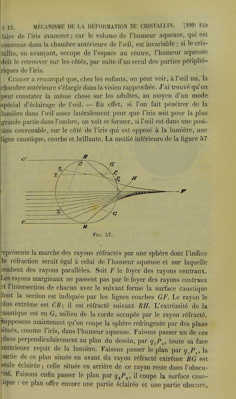 laîre de l'iris avancent ; car le volume de l'humeur aqueuse, qui est contenue dans la chambre antérieure de l'œil, est invariable ; si le cris- tallin, en avançant, occupe de l'espace au centre, l'humeur aqueuse doit le retrouver sur les côtés, par suite d'un recul des parties périphé- riques de l'iris. Cramer a remarqué que, chez les enfants, on peut voir, à l'œil nu, la Chambre antérieure s'élargir dans la vision rapprochée. J'ai trouvé qu'on peut constater la même chose sur les adultes, au moyen d'un mode spécial d'éclairage de l'œil. — En effet, si l'on fait pénétrer de la lumière dans l'œil assez latéralement pour que l'iris soit pour la plus grande partie dans l'ombre, on voit se former, si l'œil est dans une posi- tion convenable, sur le côté de l'iris qui est opposé à la lumière, une ligne caustique, courbe et brillante. La moitié inférieure de la figure 57 Fig. 57. 9 ^présente la marche des rayons réfractés par une sphère dont l'indice le réfraction serait égal à celui de l'humeur aqueuse et sur laquelle :ombent des rayons parallèles. Soit F le foyer des rayons centraux. Les rayons marginaux ne passent pas par le foyer des rayons centraux 3t l'intersection de chacun avec le suivant forme la surface caustique Sont la section est indiquée par les lignes courbes GF. Le rayon le nlus extrême est CB; il est réfracté suivant Bff. L'extrémité de la caustique est en G, milieu de la corde occupée par le rayon réfracté. Supposons maintenant qu'on coupe la sphère réfringente par des plans situés, comme l'iris, dans l'humeur aqueuse. Faisons passer un de ces plans perpendiculairement au plan du dessin, par q0P0, toute sa face antérieure reçoit de la lumière. Faisons passer le plan par la partie de ce plan située en avant du rayon réfracté extrême BG est seule éclairée ; celle située en arrière de ce rayon reste dans l'obscu- -ité. Faisons enfin passer le plan par qj\, il coupe la surface caus- tique : ce plan offre encore une partie éclairée et une partie obscure,
