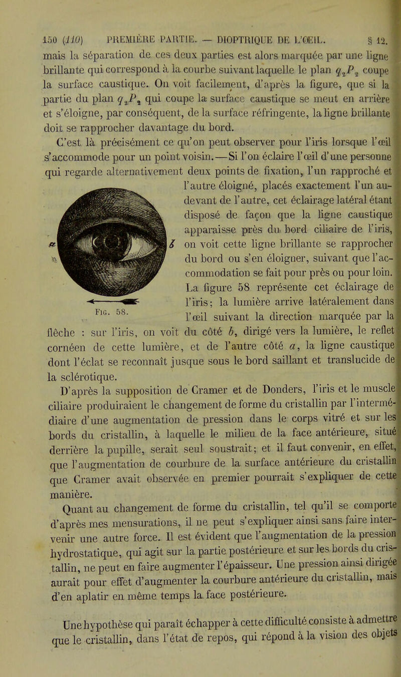 mais la séparation de ces deux parties est alors marquée par une ligne brillante qui correspond à la courbe suivant laquelle le plan g2P2 coupe la surface caustique. On voit facilement, d'après la ligure, que si la partie du plan qtPt qui coupe la surface caustique se meut en arrière et s'éloigne, par conséquent, de la surface réfringente, la ligne brillante doit se rapprocher davantage du bord. C'est là précisément ce qu'on peut observer pour l'iris lorsque l'œil s'accommode pour un point voisin.—Si l'on éclaire l'œil d'une personne qui regarde alternativement deux points de fixation, l'un rapproché et l'autre éloigné, placés exactement l'un au- devant de l'autre, cet éclairage latéral étant disposé de façon que la ligne caustique apparaisse près du bord ciliaire de l'iris, on voit cette ligne brillante se rapprocher du bord ou s'en éloigner, suivant que l'ac- commodation se fait pour près ou pour loin. La figure 58 représente cet éclairage de l'iris; la lumière arrive latéralement dans . FlG' 58' l'œil suivant la direction marquée par la flèche : sur l'iris, on voit du côté b, dirigé vers la lumière, le reflet cornéen de cette lumière, et de l'autre côté a, la ligne caustique dont l'éclat se reconnaît jusque sous le bord saillant et translucide de la sclérotique. D'après la supposition de Cramer et de Donders, l'iris et le muscle ciliaire produiraient le changement de forme du cristallin par l'intermé- diaire d'une augmentation de pression dans le corps vitré et sur les bords du cristallin, à laquelle le milieu de la face antérieure, situé derrière la pupille, serait seul soustrait; et il faut convenir, en effet,\ que l'augmentation de courbure de la surface antérieure du cristallin que Cramer avait observée en premier pourrait s'expliquer de cette manière. Quant au changement de forme du cristallin, tel qu'il se comporte I d'après mes mensurations, il ne peut s'expliquer ainsi sans faire inter- venir une autre force. Il est évident que l'augmentation de la pression hydrostatique, qui agit sur la partie postérieure et sur les bords du criai tallin, ne peut en faire augmenter l'épaisseur. Une pression ainsi dirigée aurait pour effet d'augmenter la courbure antérieure du cristallin, mais d'en aplatir en même temps la. face postérieure. Une hypothèse qui paraît échapper à cette difficulté consiste à admettre que le cristallin, dans l'état de repos, qui répond à la vision des objets