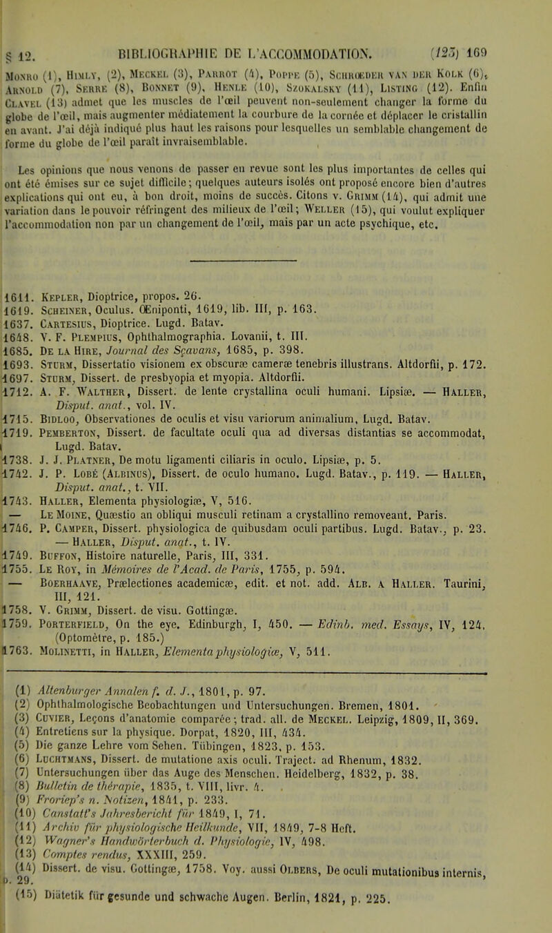 MOSKO (1), HlMLY, (2), MECKEL (3), PARROT (4), PoPl'E (5), SoilROËDER VAN DER KOLK (6)t Arnold (7), Serre (8), Bonnet (9), Henle (10), Szokalsky (11), Listing (12). Enfin Clavel (13) admet que les muscles de l'œil peuvent non-seulement changer la forme du globe de l'œil, mais augmenter médiatemcnt la courbure de la cornée et déplacer le cristallin en avant. J'ai déjà indiqué plus haut les raisons pour lesquelles un semblable changement de l'orme du globe de l'œil paraît invraisemblable. Les opinions que nous venons de passer eu revue sont les plus importantes de celles qui ont été émises sur ce sujet difficile; quelques auteurs isolés ont proposé encore bien d'autres explications qui ont eu, à bon droit, moins de succès. Citons v. Grimm (14), qui admit une variation dans le pouvoir réfringent des milieux de l'œil; Weller (15), qui voulut expliquer l'accommodation non par un changement de l'œil, mais par un acte psychique, etc. 16H. Kepler, Dioptrice, propos. 26. 1019. Scheiner, Oculus. ÛEniponti, 1619, lib. III, p. 163. 1637. Cartesius, Dioptrice. Lugd. Batav. 1648. V. F. Plempius, Ophthalmographia. Lovanii, t. III. 1685. De la Hire, Journal des Sçavans, 1685, p. 398. 1693. Sturm, Dissertatio visionem exobscurœ camerœ tenebris illustrans. Altdorfii, p. 172. 1697. Sturm, Dissert, de presbyopia et myopia. Altdorfii. 1712. A. F. Walther, Dissert, de lente crystallina oculi humani. Lipsice. — Haller, Disput. anat., vol. IV. 1715. Bidloo, Observationes de oculis et visu variorum aninialium, Lugd. Batav. 1719. Pemberton, Dissert, de facultate oculi qua ad diversas distantias se accommodât, i Lugd. Batav. 1738. J. J. Platner, De motu ligamenti ciliaris in oculo. Lipsiœ, p. 5. •1742. J. P. Lobé (Albinus), Dissert, de oculo humano. Lugd. Batav., p. 119. — Haller, Disput. anat, t. VII. 1743. Haller, Elementa physiologiœ, V, 516. — Le Moine, Quœstio an obliqui musculi retinam a crystallino removeant. Paris. 1746. P. Camper, Dissert, physiologica de quibusdam oculi partibus. Lugd. Batav., p. 23. — Haller, Disput. anat.., t. IV. 1749. Buffon, Histoire naturelle, Paris, III, 331. 1755. Le Boy, in Mémoires de l'Acad. de Paris, 1755, p. 594. — Boerhaave, Prœlectiones academicœ, edit. et not. add. Alb. a Haller. Taurini, III, 121. 1758. V. Grimm, Dissert, de visu. Gottingœ. 1759. Porterfjeld, On the eye. Edinburgh, I, 450. —Edinb. med. Essays, IV, 124. (Optomètre, p. 185.) 1763. Molinetti, in Haller, Elementa physiologiœ, V, 511. (1) Altenburger Annalen f. d. /.,1801,p. 97. (2) Ophlhalmologische Beobachtungen und lîntersuchungen. Bremen, 1801. (3) Cuvier, Leçons d'anatomie comparée; trad. ail. de Meckel. Leipzig, 1809, II, 369. (4) Entretiens sur la physique. Dorpat, 1820, III, 434. (5) Die ganze Lehre vomSehen. Tubingen, 1823. p. 153. (6) Ldchtmans, Dissert, de mutatione axis oculi. Traject. ad Bhenum, 1832. (7) Untersuchungen iiber das Auge des Menschen. Heidelberg, 1832, p. 38. (8) Bulletin de thérapie, 1835, t. VIII, livr. 4. . (9) Froriep's n. Notizen, 1841, p. 233. (10) Canstatt's Jahresbericht fur 1849, I, 71. (11) Archiv fur physiologische Heilkunde, VII, 1849, 7-8 Hcft. ; (12) Wagner's Handwôrterbuch d. Physiologie, IV, 498. (13) Comptes rendus, XXXIII, 259. ^ (14) Dissert, de visu. Gottingœ, 1758. Voy. aussi Olbers, De oculi mutationibus internis, (15) Diatetik fiirgesunde und schwache Augen. Berlin, 1821, p. 225.
