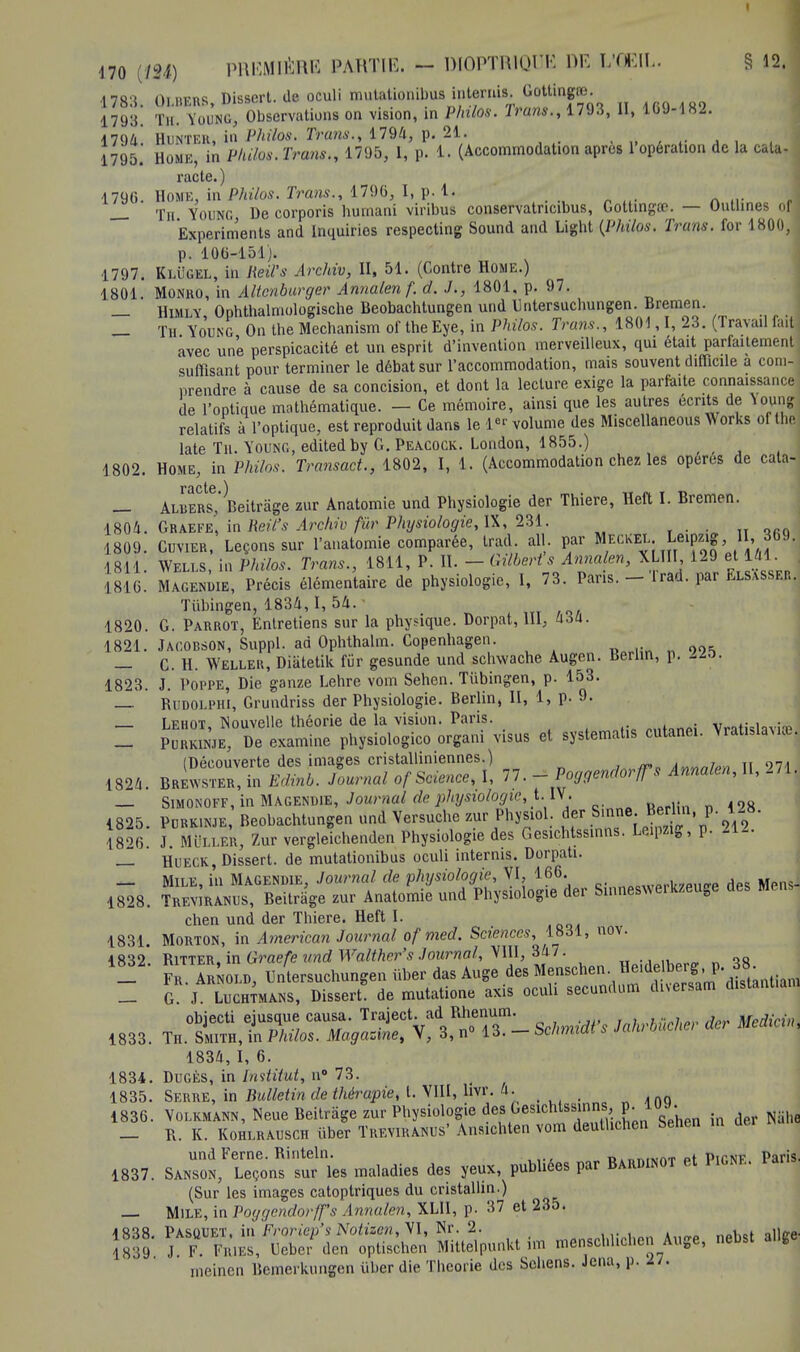 ■ 170 (fil) PREMIÈRE PARTIE. - RIOPTRIQl'E DE T/flKII.. § 12. 4 7R'i iïiu™<; Dissert, de oculi mutationibus internis. Gottingte. ^11: h, Observations on vision, in Philos. Trans., 1793, II, 100-182. 1794. Huntek, in Philos. Trans., 1794, p. 21. . , 1795. Home, in P/ltfos. Ira»*., 1795, 1, p. 1. (Accommodation après 1 opération de la cata- i 1790. Home, in Philos. Trans., 1790, I, p. 1. _ Tn Younc De corporis humani viribus conservatricibus, Gottingœ. — Outlines of 1 Experiments and Inquirios respecting Sound and Light (Philos. Trans. for 1800, p. 100-151). 1797. KlUgel, in Reil's Archiv, II, 51. (Contre Home.) 1801. Monro, in Altcnburger Annalenf. d. ./., 1801, p. 97. — Himly, Ophthalmologische Beobachtungen und Untersucbungen Bremen. _ TH Younc On the Mechanism of the Eye, in Philos. Trans. ,1801,1,23. (Travail fait avec une perspicacité et un esprit d'invention merveilleux, qui était parfaitement suffisant pour terminer le débat sur l'accommodation, mais souvent difficile a com- prendre à cause de sa concision, et dont la lecture exige la parfaite connaissance de l'optique mathématique. — Ce mémoire, ainsi que les autres écrits de. Youne relatifs à l'optique, est reproduit dans le l volume des Miscellaneous Works of the late Tu. Younc, editedby G. Peacock. London, 1855.) 1802. Home, in Philos. Transact., 1802, I, 1. (Accommodation chez les opères de cata- — Alders,' Beitrâge zur Anatomie und Physiologie der Thiere, Heft I. Bremen. 1804. Graefe', in Reil's Archiv fur Physiologie, IX, 231. 1809. Cuvier, Leçons sur l'anatomie comparée, trad. ail. par Mecket. Leipzig II 369. 1811. Wells, in Philos. Trans., 1811, P. II. - Gilbert s Annalen, \L1II 129 et 141 1810. Magenuie, Précis élémentaire de physiologie, I, 73. Pans. - Irad. par Elsasser. Tubingen, 1834,1, 54. 1820. G. Parrot, Entretiens sur la physique. Dorpat, 111, 4o4. 1821. Jacobson, Suppl. ad Ophthalm. Copenhagen. — C H. Weller, Diàtetik fûr gesunde und schwache Augen. Berlin, p. -^o. 1823. J. Poppe, Die ganze Lehre vom Sehen. Tubingen, p. 153. — Rudolphi, Grundriss der Physiologie. Berlin, II, 1, p. 9. Lfhot Nouvelle théorie de la vision. Paris. tt — : De examine physiologico organi visus et systematis cutanei. Vratislavi*. (Découverte des images cristalliniennes.) a u 971 1824. Brewster, in Edinb. Journal of Science, l, 77. - Poggendùrfs Annalen, II, 271. _ Simonoff, in Magendie, Journal de physiologie, t. IV. 1825. Pomme, Beobachtungen und Versuche zur Physiol. ^J^^T'lm.' 1826. J. Miï.i.r.n. Zur vergleichenden Physiologie des Gesichtssinns. Leipzig p. — Hueck, Dissert, de mutationibus oculi internis. Dorpati. — Mile, in Magendie, Journal de physiologie, VI 166 k d Mpns. 1828. TrevÎranus, Beitrâge zur Anatomie und Physiologie der Sinnesweikzeuge des Mens chen und der Thiere. Heft I. 1831. Morton, in American Journal of mecl. Sciences, 1831, nov. 1832*. Ritter, in Graefe und Walther's Journal, VIII, 347. _ Fr. Arnold, Untersuchungen iiber das Auge des Menschen. He.de berj; p. 38. — G J Luchtmans, Dissert de mutatione axis oculi secundum diversam dislantmm objecti ejusque causa. Traject ad Rhenum jahMcher der Medicin, 1833. Th. Smith, in Philos. Magazine, V, 3, n° 1^. — acnmiui 1834, I, 6. 1834. Dugès, in Institut, n° 73. 1835. Serre, in Bulletin de thérapie, t. VIII, livr. 4. o n ,nQ 1836. Volkmann, Neue Beitrâge zur Physiologie des GesichtssinnsP- lua* . d Nahfl _ R. K. Kohlràusch ûber Treviranus* Ansichten vom deulhehen Sehen in der und Ferne. Rinteln. «tiit.isrMftTPtPir.NE Paris. 1837. Sanson, Leçons sur les maladies des yeux, publiées par Bardinot et 1 IGNE. (Sur les images catoptriques du cristallin.) — Mile, in Poggcndorff's Annalen, XLII, p. 37 et 235. 1838. PASQUET, in Froriep's Notizen,V\, Nr. 2. , 1839 J. F Fries, Ueber den optischen Mittelpunkt lm menschhcl.cn Auge, nebst allge meinen Bcmerkungen ï.her die Théorie des Sehens. Jena, p. n.
