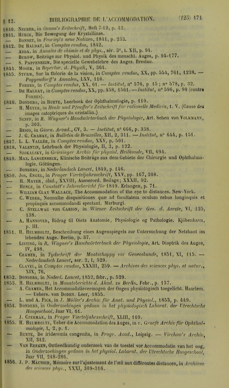 1840. NeubKR,in Osann's Zeitschrift, Heft7-12, p, 42, 1841. Hueck, Die Bewogung der Krystallinse. Bonnet, in Froriep's neue Notizen, 1841, p. 233. 1842. De Haldat, in Comptes rendus, 1842. AddA. in Anna/es Je chimie et de phys., sér. 3°, t. XII, p. 94. Btmow, Beitriigezur Physiol. und Physik dos menschl. Auges, p. 94-177. S. Papi'Enheim, Diespecielle Gowebelehre des Auges. Breslau. 1844. M oser, in Repertor. d. Physik, V, 364. 1845. Sttrm, Sur la théorie de la vision, in Comptes rendus, XX, pp. 554, 761, 1238. — Poggendorfl's Annalen, LXV, 116. — Forbes, in Comptes rendus, XX, 61. — Institut^ n° 576, p. 15 ; n° 578, p. 32. — De Haldat, in Comptes rendus, XX, pp. 458, 1561.— Institut, n° 596, p. 90 (contre Forbes). 1846. Donders, in Ruete, Leerboek der Ophthalmologie, p. 110. — H. Meykr, in Henle und P feu/fer* s Zeitschrift fur rationelle Médecin, t. V. (Cause des images catoptriques du cristallin.) Senff, in R. Wagner's Handwôrterbuok der Physiologie, Art. Sehen von Volkmann, p. 303. — Besio, in Giorn. Arcad., CV, 3. — Institut, n° 666, p. 338. — J. G. Crahay, in Bulletin de Bruxelles, XII, 2, 311. — Institut, n° 644, p. 151. 1847. L. L. Vallée, in Comptes rendus, XXV, p. 501. 1848. Valentin, Lehrbuch der Physiologie, II, 2, p. 122. Szokalskt, in Griesmger Archiv fur physiol. Heilkunde, VII, 694. 1849. Max. Langenbeck, Klinische Beitrâgeaus demGebiete der Chirurgie und Ophthalmo- logie. Gôttingen. — Donders, in Nederlandsch Lancet, 1849, p. 146. 1850. Jos. ENGEL, in Prager Yierteljahrsschrift, XXV, pp. 167, 208. — H. Mayer, ibid., XXVIII, Ausserord. Beilage; XXXII, 92. — Henle, in Can&tatfs Jahresbericht fur 1849. Erlangen, p. 71. , William Clay Wall ace, The Accommodation of the eye to distances. New-York. — C. Weber, Nonnullœ disquisitiones quœ ad facultatem oculum rébus longinquis et propinquis accommodandi spectant. Marburgi. — C. Stellwag von Carion, in Wiener Zeitschrift der Ces. d. Aerzte, VI, 125, 138. — A. Hannoyer, Bidrag til Oiets Anatomie, Physiologie og Pathologie. Kjôbenhavn, p. III. 1851. H. Helmholtz, Beschreibung eines Augenspiegels zur Untersuchung der Netzhaut im lebenden Auge. Berlin, p. 37. — Listing, in R. Wagner's Handwôrterbuch der Physiologie, Art. Dioptrik des Auges, IV, 498. — Cramer, in Tydschrift der Maatschappy vor Geneeskunde, 1851, XI, 115. — Xcderlandsch Lancet, ser. 2, I, 529. — Clavel, in Comptes rendus, XXXIII, 259. —Archives des sciences phys. et ?iotur., XIX, 76. 1852. Donders, in Nederl. Lancet, 1852, febr., p. 529. 1853. H. Helmholtz, in Monatsberichte d. Akad. zu Berlin. Febr., p. 137. — A. Cramer, Het Accommodatievermogen der Oogen physiologisch toegelicht. Haarlem. — Uebers. von Doden. Leer, 1855. — L. und A. Fick, in ./. Miiller's Archiv fur Anat. und Physiol., 1853, p. 449. 1854. Donders, in Onderzoekingen gedaan in het physiologisch Laborat. der Vtrechtsche Hoogeschool, Jaar VI, 61. — J. Czermak, in Prager Vierteljahrsschrift, XLIII, 109. 1855. H. Helmholtz, Ueber die Accommodation des Auges, in v. Gracfe Archiv fiïr Ophfhal mologie, I, 2, p. 1. — Ruete, De irideremia congenita, in Progr. Acad., Leipzig. — Virchow's Archiv, XII, 342. — Van Reeken, Ontleedkundig onderzoek van de toestel vor Accommodatie van het oog, in Onderzoekingen gedaan in het physiol. Laborat. der Vtrechtsche Hoogeschool. Jaar VII, 248-286. 1856. J. P. Màunoir, Mémoire sur l'ajustement de l'œil aux différentes distances, in A rchives des srù-ncei phys., XXXI, 309-316.