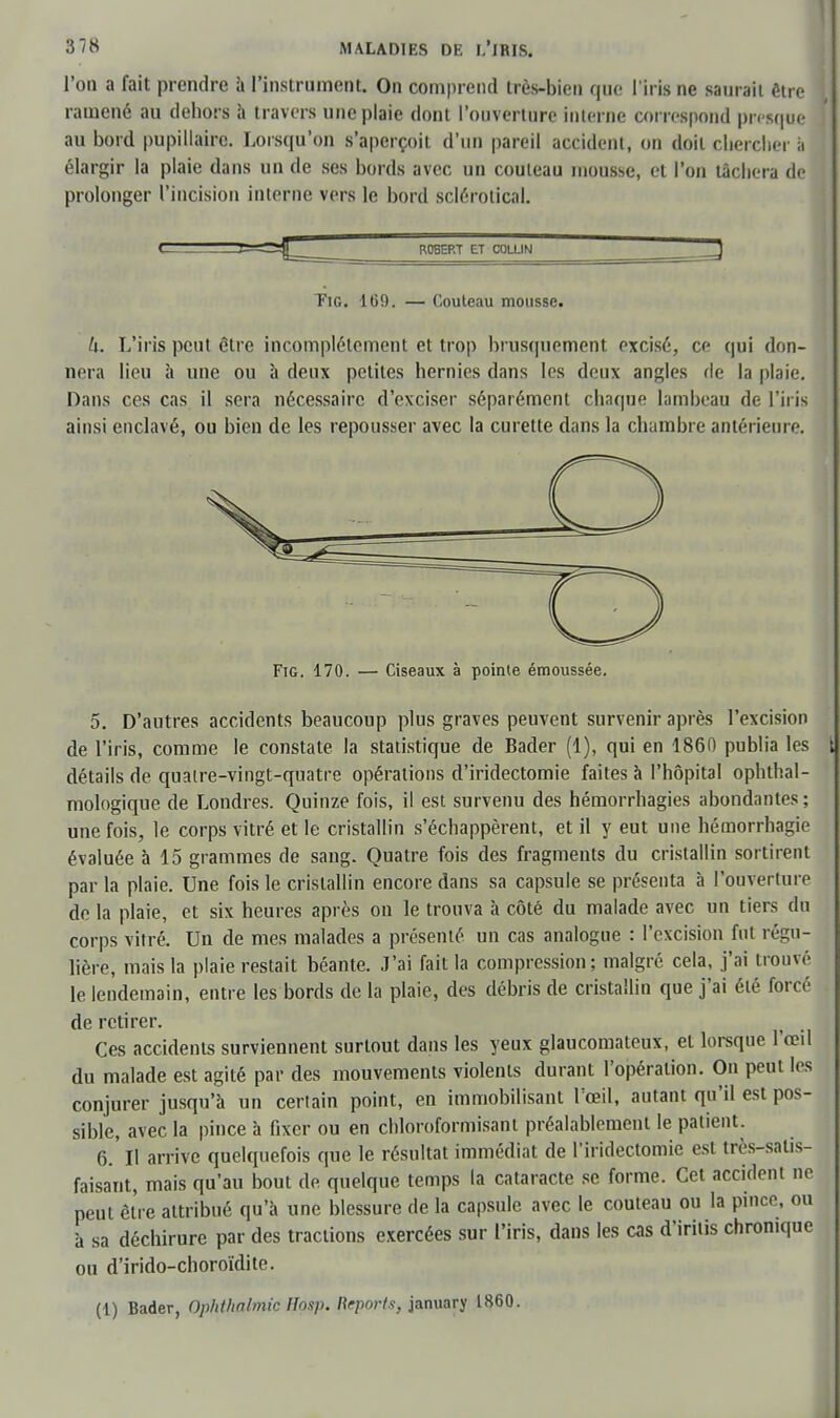 l'on a fait prendre à l'instrument. On comprend très-bien que l'iris ne saurait être ramené au dehors à travers une plaie dont l'ouverture interne correspond presque au bord pupillairc. Lorsqu'on s'aperçoit d'un pareil accident, on doit chercher ï élargir la plaie dans un de ses bords avec un couteau mousse, et l'on tâchera de prolonger l'incision interne vers le bord sclérotical. «- —- =fl___^ ROBERT ET COLUN Tic. lt)9. — Couteau mousse. k. L'iris peut être incomplètement et trop brusquement excisé, ce qui don- nera lieu à une ou à deux petites hernies dans les deux angles de la plaie. Dans ces cas il sera nécessaire d'exciser séparément chaque lambeau de l'iris ainsi enclavé, ou bien de les repousser avec la curette dans la chambre antérieure. Fig. 170. — Ciseaux à pointe émoussée. 5. D'autres accidents beaucoup plus graves peuvent survenir après l'excision de l'iris, comme le constate la statistique de Bader (1), qui en 1860 publia les détails de quatre-vingt-quatre opérations d'iridectomie faites à l'hôpital ophtal- mologique de Londres. Quinze fois, il est survenu des hémorrhagies abondantes ; une fois, le corps vitré et le cristallin s'échappèrent, et il y eut une hémorrhagie évaluée à 15 grammes de sang. Quatre fois des fragments du cristallin sortirent par la plaie. Une fois le cristallin encore dans sa capsule se présenta à l'ouverture de la plaie, et six heures après on le trouva à côté du malade avec un tiers du corps vitré. Un de mes malades a présenté un cas analogue : l'excision fut régu- lière, mais la plaie restait béante. J'ai fait la compression ; malgré cela, j'ai trouvé le lendemain, entre les bords de la plaie, des débris de cristallin que j'ai été forcé de retirer. Ces accidents surviennent surtout dans les yeux glaucomateux, et lorsque l'œil du malade est agité par des mouvements violents durant l'opération. On peut les conjurer jusqu'à un certain point, en immobilisant l'œil, autant qu'il est pos- sible, avec la pince à fixer ou en chloroformisant préalablement le patient. 6. ' Il arrive quelquefois que le résultat immédiat de l'iridectomie est très-satis- faisant, mais qu'au bout de quelque temps la cataracte se forme. Cet accident ne peut être attribué qu'à une blessure de la capsule avec le couteau ou la pince, ou à sa déchirure par des tractions exercées sur l'iris, dans les cas d'irilis chronique ou d'irido-choroïdite. (1) Bader, Ophl/iolmic Hnsp. Reports, january 1860.