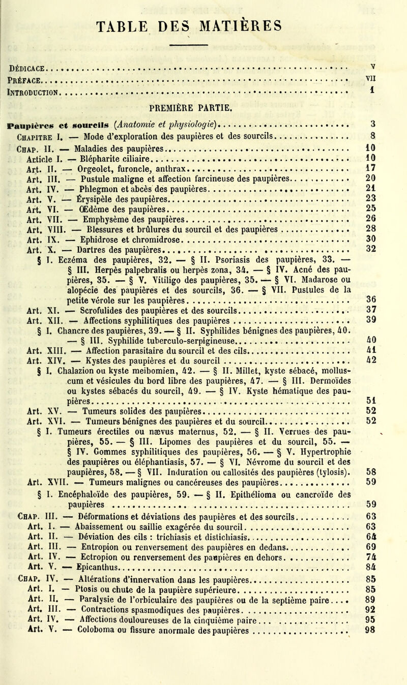 TABLE DES MATIÈRES DÉDICACE ^ Préface • 'vii Introduction ^ PREMIÈRE PARTIE. Paupières et sourcils {Anatomie et physiologie) 3 Chapitre I, — Mode d'exploration des paupières et des sourcils 8 Chap. 11. — Maladies des paupières 10 Anticle I. — Blépharite ciliaire 10 Art. II. — Orgeolet, furoncle, anthrax 17 Art. III. — Pustule maligne et affection farcineuse des paupières 20 Art. IV. — Phlegmon et abcès des paupières 21 Art. V. — Érysipèle des paupières 23 Art. VI. — CEdème des paupières 25 Art. VII. — Emphysème des paupières 26 Art, VIII. — Blessures et brûlures du sourcil et des paupières 28 Art. IK. — Ephidrose et chromidrose 30 Art. X. — Dartres des paupières 32 § I. Eczéma des paupières, 32. — § II. Psoriasis des paupières, 33. — § III. Herpès palpebralis ou herpès zona, 34. — § IV. Acné des pau- pières, 35. — § V. Vitiligo des paupières, 35. — § VI. Madarose ou alopécie des paupières et des sourcils, 36. — § VII. Pustules de la petite vérole sur les paupières 36 Art. XI. — Scrofulides des paupières et des sourcils 37 Art. XII. — Affections syphilitiques des paupières 39 § I. Chancre des paupières, 39. — § II. Syphilides bénignes des paupières, 40. — § III. Syphilide tuberculo-serpigineuse 40 Art. XIII. — Affection parasitaire du sourcil et des cils 41 Art. XIV. — Kystes des paupières et du sourcil 42 § I. Chalazionou kyste meibomien, 42. — § II. Millet, kyste sébacé, mollus- cum et vésicules du bord libre des paupières, 47. — § III. Dermoïdes ou kystes sébacés du sourcil, 49. — § IV. Kyste hématique des pau- pières 51 Art. XV. — Tumeurs solides des paupières 52 Art. XVI. — Tumeurs bénignes des paupières et du sourcil 52 § I. Tumeurs érectiles ou naevus maternus, 52. — § II. Verrues des pau- pières, 55. — § III. Lipomes des paupières et du sourcil, 55. — § IV. Gommes syphilitiques des paupières, 56. — § V. Hypertrophie des paupières ou éléphantiasis, 57. — § VI. Névrome du sourcil et des paupières, 58. — § VII. Induration ou callosités des paupières (tylosis). 58 Art. XVII. — Tumeurs malignes ou cancéreuses des paupières 59 § I. Encéphaloïde des paupières, 59. — § II. Epithélioma ou cancroïde des paupières 59 Chap. III. — Déformations et déviations des paupières et des sourcils 63 Art. I. — Abaissement ou saillie exagérée du sourcil 63 Art. II. — Déviation des cils : trichiasis et distichiasis 64 Art. III. — Entropion ou renversement des paupières en dedans 69 Art. IV. — Ectropion ou renversement des paupières en dehors 74 Art. V. — Epicanthus 84 Chap. IV. — Altérations d'innervation dans les paupières.. 85 Art. I, Ptosis ou chute de la paupière supérieure 85 Art. II. — Paralysie de l'orbiculaire des paupières ou de la septième paire.... 89 Art. III. — Contractions spasmodiques des paupières 92 Art. IV. — Affections douloureuses de la cinquième paire ... 95 Art. V. — Coloboma ou fissure anormale des paupières 98