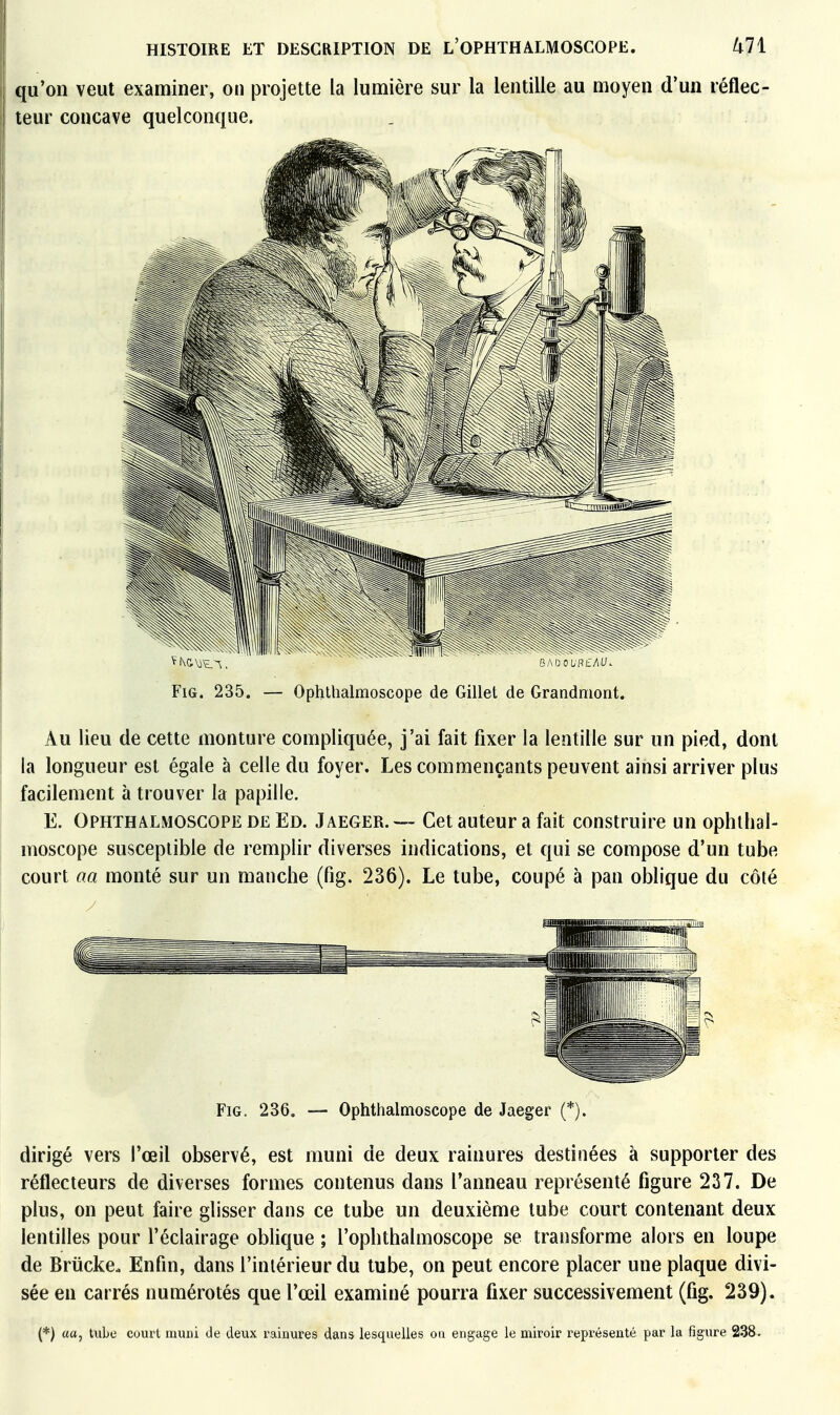 qu'on veut examiner, on projette la lumière sur la lentille au moyen d'un réflec- teur concave quelconque. FiG. 235. — Ophthalmoscope de Gillet de Grandmorit. Au lieu de cette monture compliquée, j'ai fait fixer la lentille sur un pied, dont la longueur est égale à celle du foyer. Les commençants peuvent ainsi arriver plus facilement à trouver la papille. E. Ophthalmoscope DE Ed. Jaeger.— Cet auteur a fait construire un ophthal- moscope susceptible de remplir diverses indications, et qui se compose d'un tube court aa monté sur un manche (fîg. 236). Le tube, coupé à pan oblique du côté FiG. 236. — Ophthalmoscope de Jaeger (*). dirigé vers l'œil observé, est muni de deux rainures destinées à supporter des réflecteurs de diverses formes contenus dans l'anneau représenté figure 237. De plus, on peut faire glisser dans ce tube un deuxième tube court contenant deux lentilles pour l'éclairage oblique ; l'ophthalmoscope se transforme alors en loupe de Briicke. Enfin, dans l'intérieur du tube, on peut encore placer une plaque divi- sée en carrés numérotés que l'œil examiné pourra fixer successivement (fig. 239). (*) «a, tube court muni de deux rainures dans lesquelles ou engage le miroir représenté par la figure 238.