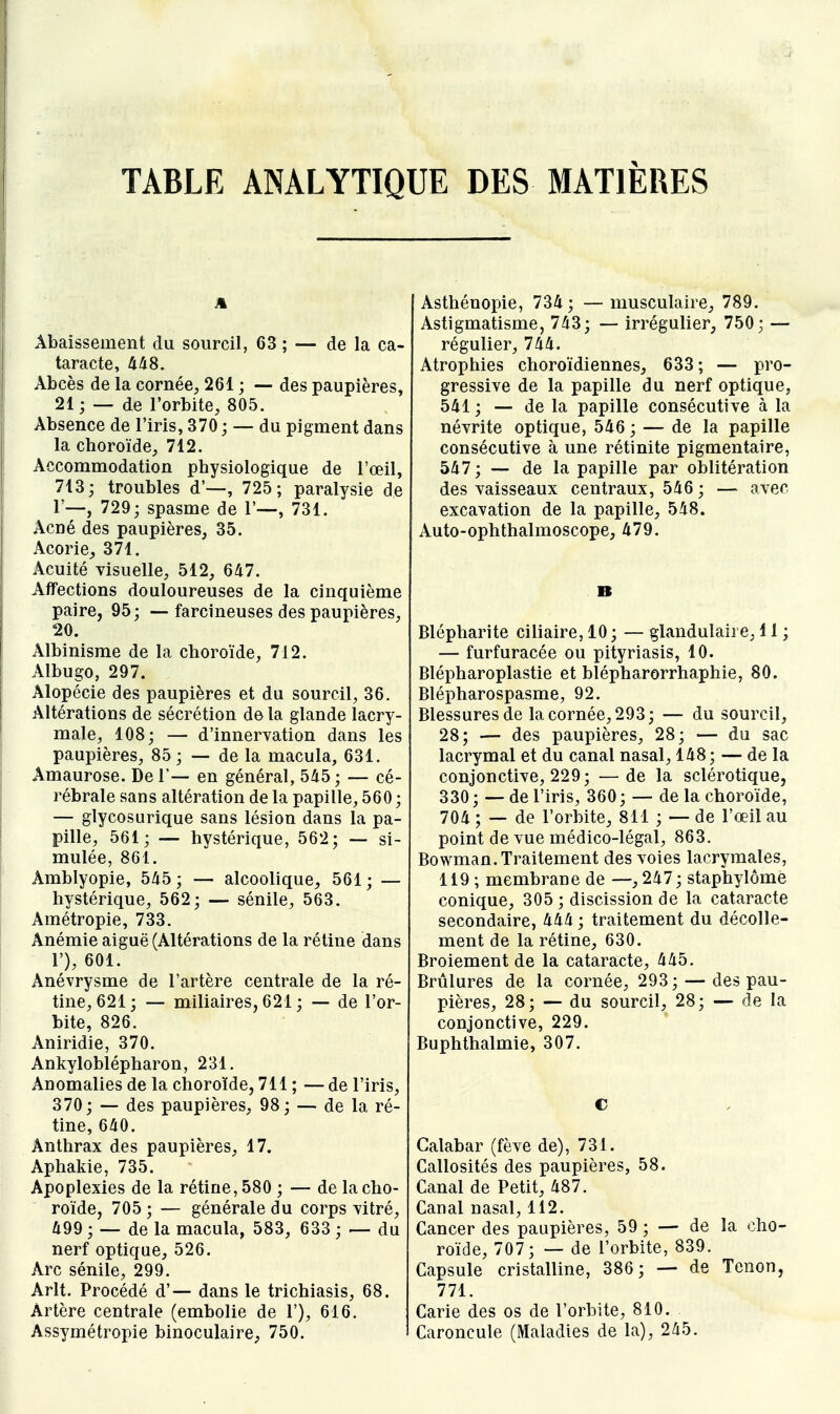 TABLE ANALYTIQUE DES MATIÈRES m Abaissement du sourcil, 63 ; — de la ca- taracte, 448. Abcès de la cornée, 261 ; — des paupières, 21 j — de l'orbite, 805. Absence de l'iris, 370 ; — du pigment dans la choroïde, 712. Accommodation physiologique de l'œil, 713; troubles d'—, 725; paralysie de F—-, 729; spasme de 1'—, 731. Acné des paupières, 35. Acorie, 371. Acuité visuelle, 512, 647. Affections douloureuses de la cinquième paire, 95; —farcineuses des paupières, 20. Albinisme de la choroïde, 7J2. Albugo, 297. Alopécie des paupières et du sourcil, 36. Altérations de sécrétion de la glande lacry- male, 108; — d'inneryation dans les paupières, 85 ; ~ de la macula, 631. Amaurose. De 1'— en général, 545 ; — cé- rébrale sans altération de la papille, 560 ; — glycosurique sans lésion dans la pa- pille, 561; — hystérique, 562; — si- mulée, 861. Amblyopie, 545; — alcoolique, 561; — hystérique, 562; — sénile, 563. Amétropie, 733. Anémie aiguë (Altérations de la rétine dans 1'), 601. Anévrysme de l'artère centrale de la ré- tine, 621; — miliaires, 621 ; — de l'or- bite, 826. Aniridie, 370. Ankyloblépharon, 231. Anomalies de la choroïde, 711 ; — de l'iris, 370; — des paupières, 98; — de la ré- tine, 640. Anthrax des paupières, 17. Aphakie, 735. Apoplexies de la rétine, 580 ; — de la cho- roïde, 705 ; — générale du corps vitré, 499 ; — de la macula, 583, 633 ; — du nerf optique, 526. Arc sénile, 299. Arlt. Procédé d'— dans le trichiasis, 68. Artère centrale (embolie de 1'), 616. Assymétropie binoculaire, 750. Asthénopie, 734 ; — musculaire, 789. Astigmatisme, 743; — irrégulier, 750; — régulier, 744. Atrophies choroïdiennes, 633; — pro- gressive de la papille du nerf optique, 541 ; — de la papille consécutive à la névrite optique, 546 ; — de la papille consécutive à une rétinite pigmentaire, 547; — de la papille par oblitération des vaisseaux centraux, 546 ; — ovec excavation de la papille, 548. Auto-ophthalmoscope, 479. Blépharite ciliaire, 10; — glandulaire, 11 ; — furfuracée ou pityriasis, 10. Blépharoplastie et blépharorrhaphie, 80. Blépharospasme, 92. Blessures de la cornée, 293; — du sourcil, 28; — des paupières, 28; — du sac lacrymal et du canal nasal, 148 ; — de la conjonctive, 229; —de la sclérotique, 330; — de l'iris, 360; — de la choroïde, 704 ; — de l'orbite, 811 ; — de l'œil au point de vue médico-légal, 863. Bowman. Traitement des voies lacrymales, 119 ; membrane de —-, 247 ; staphylômè conique, 305 ; discission de la cataracte secondaire, 444 ; traitement du décolle- ment de la rétine, 630. Broiement de la cataracte, 445. Brûlures de la cornée, 293; — des pau- pières, 28; — du sourcil, 28; — de la conjonctive, 229. Buphthalmie, 307. C Calabar (fève de), 731. Callosités des paupières, 58. Canal de Petit, 487. Canal nasal, 112. Cancer des paupières, 59 ; — de la cho- roïde, 707; — de l'orbite, 839. Capsule cristalline, 386; — de Tenon, 771. Carie des os de l'orbite, 810. Caroncule (Maladies de la), 245.