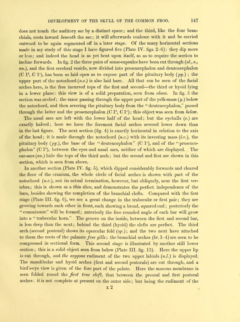 does not touch the auditory sac by a distinct space; and the third, like the four bran- chials, roots inward heneath the sac; it will afterwards coalesce with it and be carried outward to be again segmented off in a later stage. Of the many horizontal sections made in my study of this stage I have figured five (Plate IV. figs. 2-6): they dip more or less; and indeed the head is as yet bent upon itself, so as to require the section to incline forwards. In fig. 2 the three pairs of sense-capsules have been cut through [ol., e., au.), and the first cerebral vesicle, now divided into prosencephalon and deutencephalon (C 1*, C I''), has been so laid open as to expose part of the pituitary body (joy.) ; the upper part of the notochord (n.c.) is also laid bare. All that can be seen of the facial arches here, is the free incurved tops of the first and second—the third or hyoid lying in a lower plane: this view is of a solid preparation, seen from above. In fig. 3 the section was arched; the razor passing through the upper part of the yelk-mass (y.) below the notochord, and then severing the pituitary body from the  deutencephalon, passed through the latter and the prosencephalon (C 1*, C l*); this object was seen from below. The nasal sacs are left with the lower half of the head; but the eyeballs (e.) are exactly halved; here we have the foremost facial arches severed lower down than in the last figure. The next section (fig. 4) is exactly horizontal in relation to the axis of the head; it is made through the notochord (n.c.) with its investing mass (i.v.), the pituitary body (pi/.), the base of the deutencephalon (C 1), and of the prosence- phalon (C 1*), between the eyes and nasal sacs, neither of which are displayed. The ear-sacs (au.) hide the tops of the third arch; but the second and first are shown in this section, which is seen from above. In another section (Plate IV. fig. 5), which dipped considerably forwards and cleared the floor of the cranium, the whole circle of facial arches is shown with part of the notochord (n.c), not its actual termination, however, but obliquely, near the first ver- tebra ; this is shown as a thin slice, and demonstrates the perfect independence of the bars, besides showing the completion of the branchial clefts. Compared with the first stage (Plate III. fig. 6), we see a great change in the trabeculse or first pair; they are growing towards each other in front, each showing a broad, squared end; posteriorly the  commissure will be formed; anteriorly the free rounded angle of each bar will grow into a  trabecular horn. The groove on the inside, between the first and second bar, is less deep than the next; behind the third (hyoid) the clefts are perfect. The third arch (second postoral) shows its opercular fold (op.); and the two next have attached to them the roots of the palmate free gills; the branchial arches (br. 1-4) are seen to be compressed in sectional form. This second stage is illustrated by another still lower section; this is a solid object seen from below (Plate III. fig. 13). Here the upper lip is cut through, and the azygous rudiment of the two upper labials (u.l.) is displayed. The mandibular and hyoid arches (first and second postorals) are cut through, and a bird's-eye view is given of the fore part of the palate. Here the mucous membrane is seen folded round the first true cleft, that between the preoral and first postoral arches: it is not complete at present on the outer side; but being the rudiment of the x2