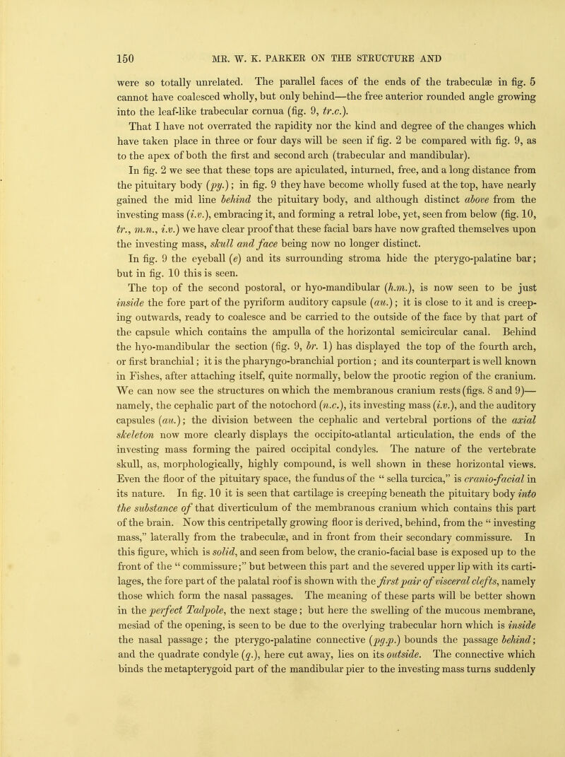 were so totally unrelated. The parallel faces of the ends of the trabeculse in fig. 5 cannot have coalesced wholly, but only behind—the free anterior rounded angle growing into the leaf-like trabecular cornua (fig. 9, tr.c). That I have not overrated the rapidity nor the kind and degree of the changes which have taken place in three or four days will be seen if fig. 2 be compared with fig. 9, as to the apex of both the first and second arch (trabecular and mandibular). In fig. 2 we see that these tops are apiculated, inturned, free, and a long distance from the pituitary body (^y.); in fig. 9 they have become wholly fused at the top, have nearly gained the mid line behind the pituitary body, and although distinct above from the investing mass (i.v.), embracing it, and forming a retral lobe, yet, seen from below (fig. 10, tr., m.n., i.v.) we have clear proof that these facial bars have now grafted themselves upon the investing mass, sJcull and face being now no longer distinct. In fig. 9 the eyeball {e) and its surrounding stroma hide the pterygo-palatine bar; but in fig. 10 this is seen. The top of the second postoral, or hyo-mandibular (h.m.), is now seen to be just inside the fore part of the pyriform auditory capsule (au.); it is close to it and is creep- ing outwards, ready to coalesce and be carried to the outside of the face by that part of the capsule which contains the ampulla of the horizontal semicircular canal. Behind the hyo-mandibular the section (fig. 9, br. 1) has displayed the top of the fourth arch, or first branchial; it is the pharyngo-branchial portion; and its counterpart is well known in Fishes, after attaching itself, quite normally, below the prootic region of the cranium. We can now see the structures on which the membranous cranium rests (figs. 8 and 9)— namely, the cephalic part of the notochord (71.C.), its investing mass (i.v.), and the auditory capsules (au.); the division between the cephalic and vertebral portions of the axial skeleton now more clearly displays the occipito-atlantal articulation, the ends of the investing mass forming the paired occipital condyles. The nature of the vertebrate skull, as, morphologically, highly compound, is well shown in these horizontal views. Even the fioor of the pituitary space, the fundus of the  sella turcica, is cranio-facial in its nature. In fig. 10 it is seen that cartilage is creeping beneath the pituitary body into the substance of that diverticulum of the membranous cranium which contains this part of the brain. Now this centripetally growing floor is derived, behind, from the  investing mass, laterally from the trabeculae, and in front from their secondary commissure. In this figure, which is solid, and seen from below, the cranio-facial base is exposed up to the front of the  commissure; but between this part and the severed upper lip with its carti- lages, the fore part of the palatal roof is shown with \he first pair of visceral clefts, namely those which form the nasal passages. The meaning of these parts will be better shown in the perfect Tadpole, the next stage; but here the swelling of the mucous membrane, mesiad of the opening, is seen to be due to the overlying trabecular horn which is inside the nasal passage; the pterygo-palatine connective [pg.p.) bounds the passage behind; and the quadrate condyle (q.), here cut away, lies on its outside. The connective which binds the metapterygoid part of the mandibular pier to the investing mass turns suddenly