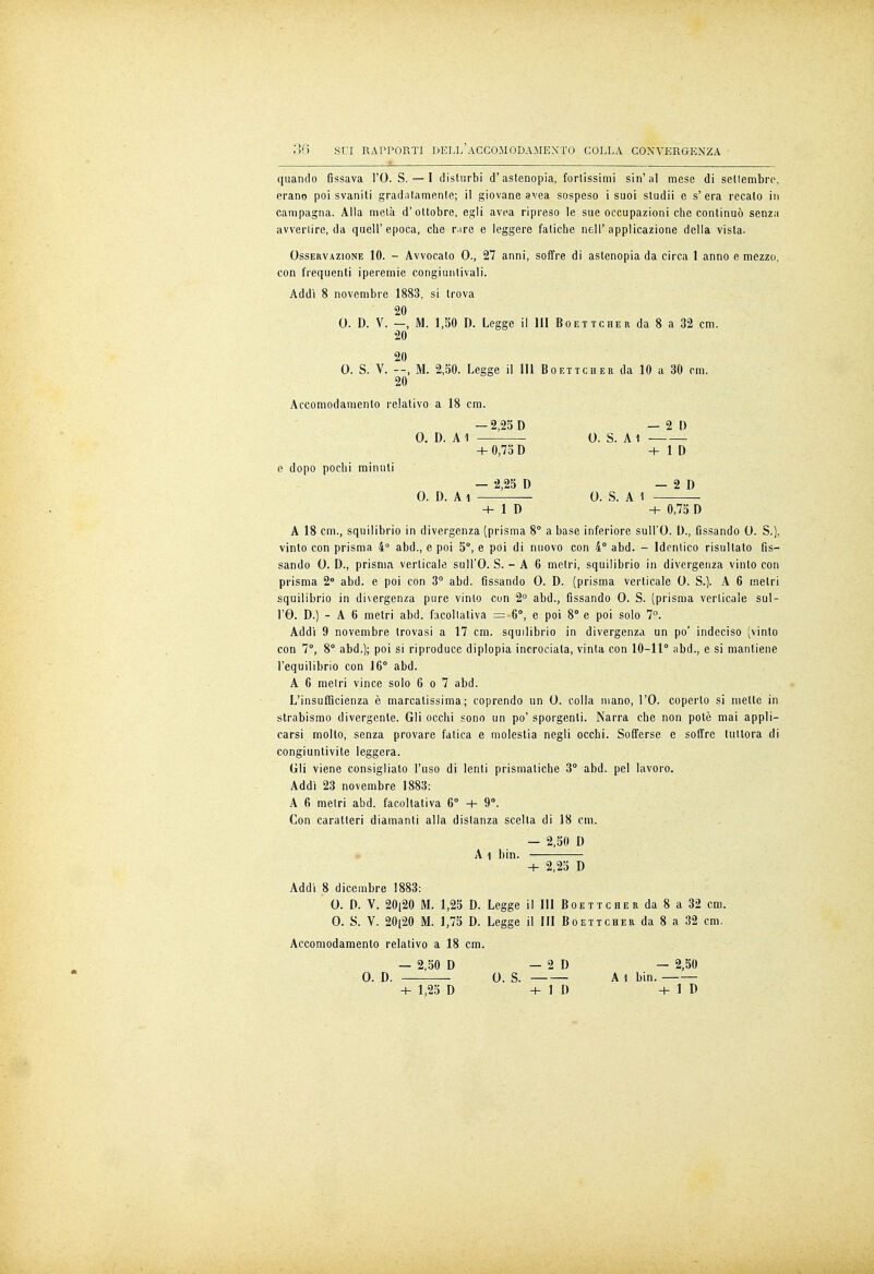 quando fissava l'O. S. — I disturbi d'astenopia, fortissimi sin'al mese di settembre, erano poi svaniti gradatamente; il giovane avea sospeso i suoi studii e s'era recato in campagna. Alla metà d'ottobre, egli avea ripreso le sue occupazioni che continuò senza avvenire, da quell'epoca, che rare e leggere fatiche nell'applicazione della vista. Osservazione 10. - Avvocalo 0., 27 anni, soffre di astenopia da circa 1 anno e mezzo, con frequenti iperemie congiuntivali. Addì 8 novembre 1883, si trova 20 0. D. V. -, M. 1,50 D. Legge il 111 Boettcher da 8 a 32 cm. 20 20 0. S. V. —, M. 2,50. Legge il 111 Boettcher da 10 a 30 cm. 20 Accomodamento relativo a 18 cm 0,75 D + 1D — 2,25 D — 2 D 0. D. A 1 0. S. A 1 e dopo pochi minuti - 2,25 D — 2 D 0. D. A 1 0. S. A 1 + 1 D + 0,75 D A 18 cm., squilibrio in divergenza (prisma 8° a base inferiore sull'O. U., fissando 0. S.). vinto con prisma 4° abd., e poi 5°, e poi di nuovo con 4° abd. - Identico risultato fis- sando 0. D., prisma verticale sull'O. S. - A 6 metri, squilibrio in divergenza vinto con prisma 2° abd. e poi con 3° abd. fissando 0. D. (prisma verticale 0. S.). A 6 metri squilibrio in divergenza pure vinto con 2° abd., fissando 0. S. (prisma verticale sul- l'O. D.) - A 0 metri abd. facoltativa = 6°, e poi 8° e poi solo 7°. Addì 9 novembre trovasi a 17 cm. squilibrio in divergenza un po' indeciso (vinto con 7°, 8° abd.); poi si riproduce diplopia incrociata, vinta con 10-11° abd., e si mantiene l'equilibrio con 16° abd. A 6 metri vince solo 6 o 7 abd. L'insufficienza è marcatissima; coprendo un 0. colla mano, l'O. coperto si mette in strabismo divergente. Gli occhi sono un po' sporgenti. Narra che non potè mai appli- carsi molto, senza provare fatica e molestia negli occhi. Sofferse e soffre tuttora di congiuntivite leggera. Gli viene consigliato l'uso di lenti prismatiche 3° abd. pel lavoro. Addì 23 novembre 1883: A 6 metri abd. facoltativa 6° + 9°. Con caratteri diamanti alla distanza scelta di 18 cm. - 2,50 D A 1 bin. + 2,25 D Addi 8 dicembre 1883: 0. D. V. 20[20 M. 1,25 D. Legge il III Boettcher da 8 a 32 cm. 0. S. V. 20[20 M. 1,75 D. Legge il III Boettcher da 8 a 32 cm. Accomodamento relativo a 18 cm. — 2,50 D — 2 D — 2,50 0. D. 0. S. A 1 bin. + 1,25 D + 1 D +1D