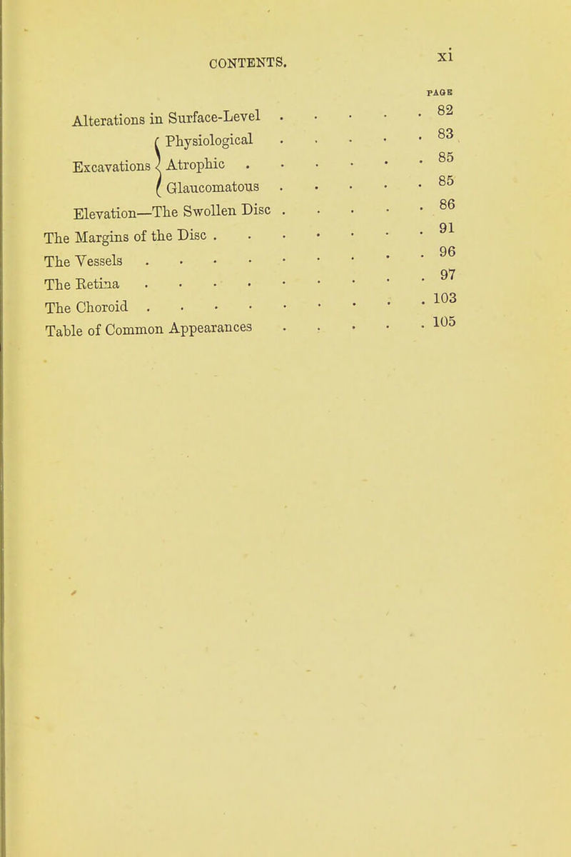 Alterations in Surface-Level f Physiological Excavations } Atrophic . ( Glaucomatous Elevation—The Swollen Disc The Margins of the Disc . The Vessels . The Eetina .... The Choroid . Table of Common Appearances PAGE . 82 . 83 . 85 . 85 . 86 . 91 . 96 . 97 . 103 . 105