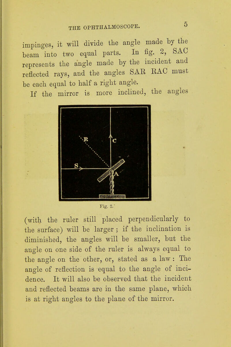 impinges, it will divide the angle made by the beam into two equal parts. In fig. 2, SAC represents the angle made by the incident and reflected rays, and the angles SAR RAC must be each equal to half a right angle. If the mirror is more inclined, the angles Fig. 2. ' (with the ruler still placed perpendicularly to the surface) will be larger ; if the inclination is diminished, the angles will be smaller, but the angle on one side of the ruler is always equal to the angle on the other, or, stated as a law : The angle of reflection is equal to the angle of inci- dence. It will also be observed that the incident and reflected beams are in the same plane, which is at right angles to the plane of the mirror.
