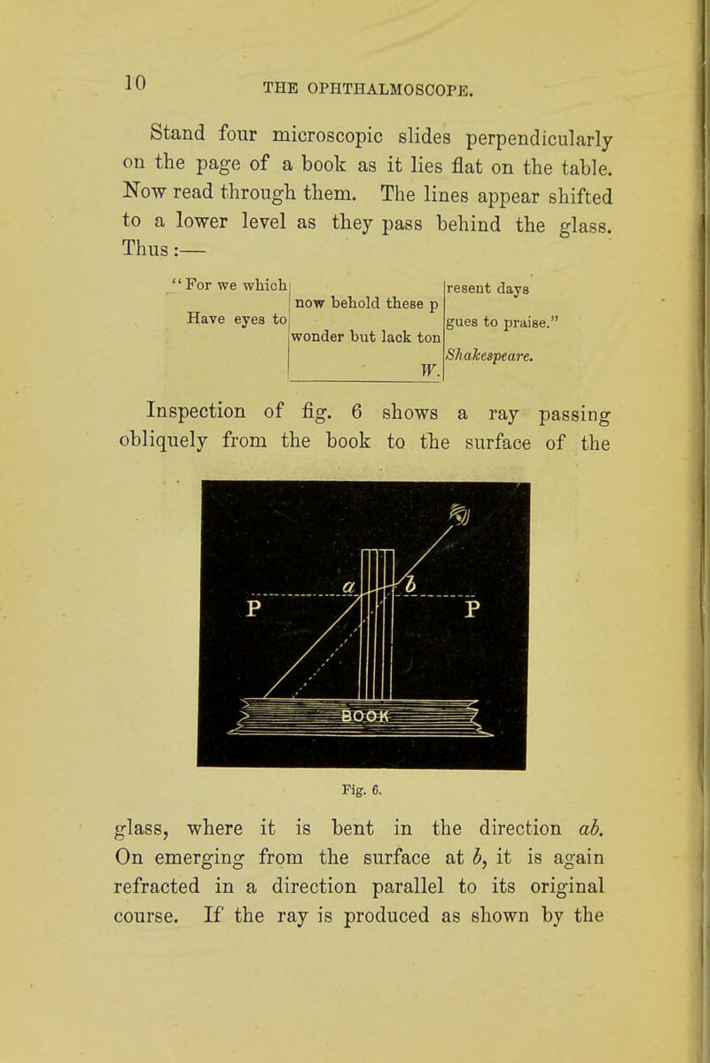 Stand four microscopic slides perpendicularly on the page of a book as it lies flat on the table. Now read through them. The lines appear shifted to a lower level as they pass behind the glass. Thus :— For we which j Iresent days now behold these d Have eyes to now behold these p wonder but lack ton W. gues to praise. Shakespeare. Inspection of fig. 6 shows a ray obliquely from the book to the surface of the passing glass, Fig. 6. where it is bent in the direction ab. On emerging from the surface at b, it is again refracted in a direction parallel to its original course. If the ray is produced as shown by the