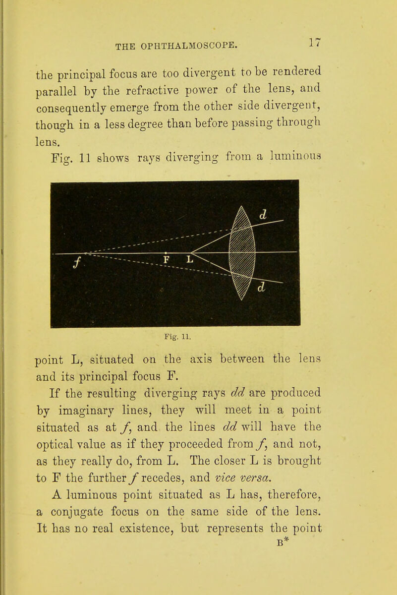 the principal focus are too divergent to be rendered parallel by the refractive power of the lens, and consequently emerge from the other side divergent, though in a less degree than before passing through lens. Fig. 11 shows rays diverging from a luminous / - Fig. 11. point L, situated on the axis between the lens and its principal focus F. If the resulting diverging rays dd are produced by imaginary lines, they will meet in a point situated as at f, and the lines dd will have the optical value as if they proceeded from f, and not, as they really do, from L. The closer L is brought to F the further f recedes, and vice versa. A luminous point situated as L has, therefore, a conjugate focus on the same side of the lens. It has no real existence, but represents the point B*