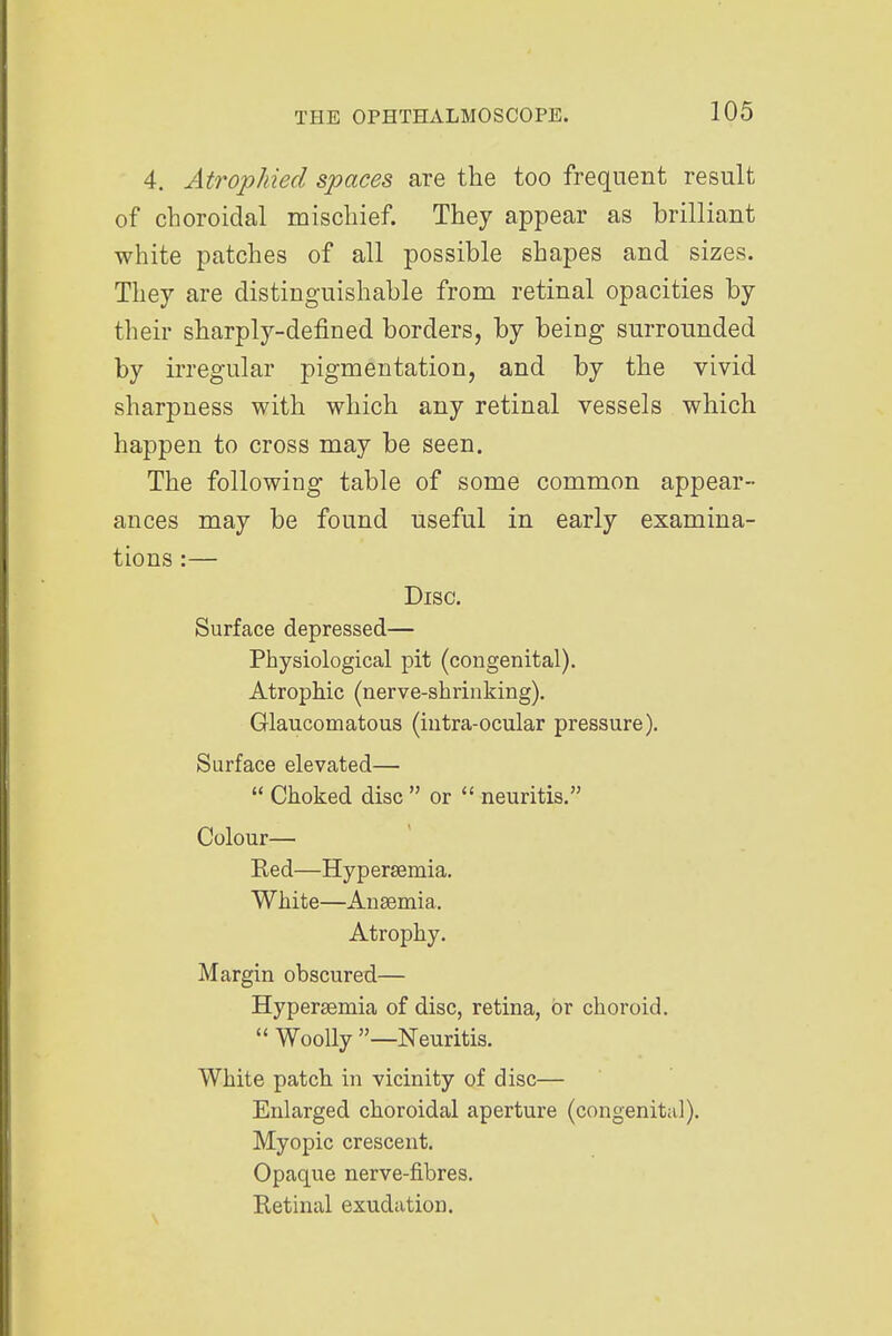 4. Atrophied spaces are the too frequent result of choroidal mischief. They appear as brilliant white patches of all possible shapes and sizes. They are distinguishable from retinal opacities by their sharply-defined borders, by being surrounded by irregular pigmentation, and by the vivid sharpness with which any retinal vessels which happen to cross may be seen. The following table of some common appear- ances may be found useful in early examina- tions :— Disc. Surface depressed— Physiological pit (congenital). Atrophic (nerve-shrinking). Glaucomatous (intra-ocular pressure). Surface elevated— Choked disc or neuritis. Colour— Red—Hypersemia. White—Anaemia. Atrophy. Margin obscured— Hyperaemia of disc, retina, or choroid. Woolly —Neuritis. White patch in vicinity of disc— Enlarged choroidal aperture (congenital). Myopic crescent. Opaque nerve-fibres. Retinal exudation.