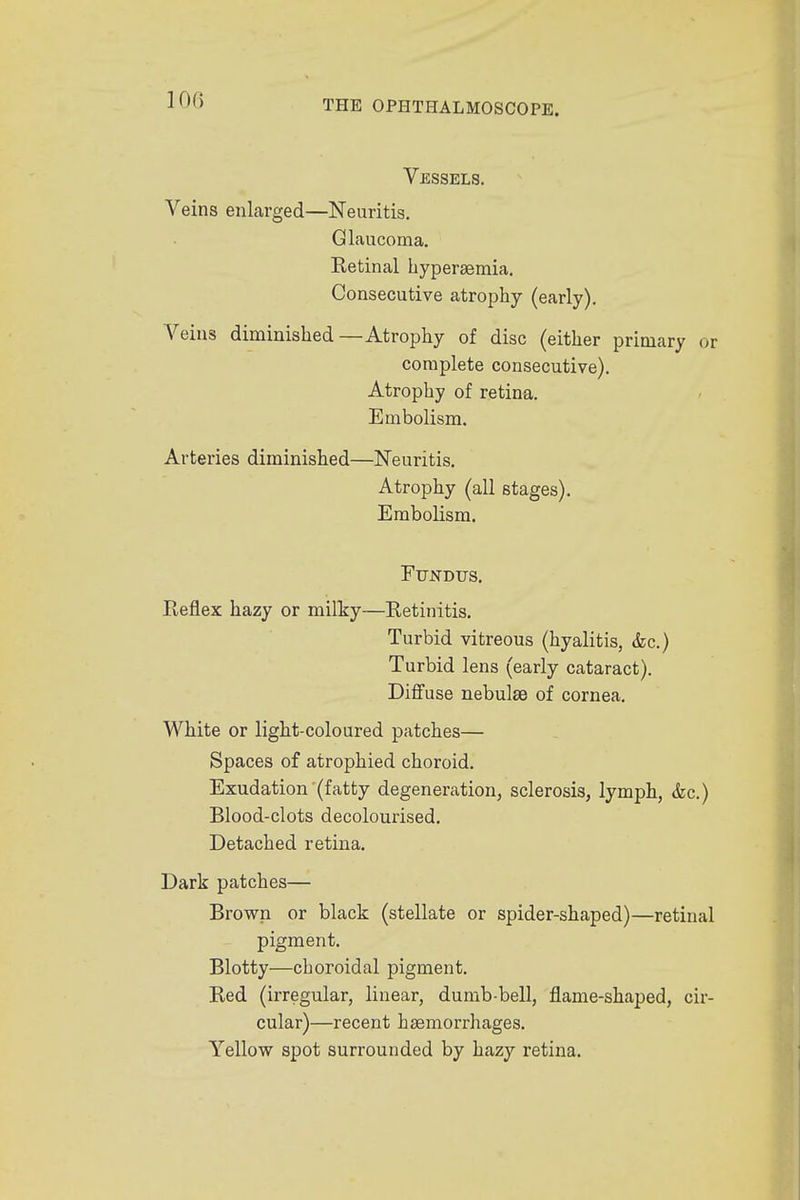 Vessels. Veins enlarged—Neuritis. Glaucoma. Eetinal hyperemia. Consecutive atrophy (early). Veins diminished—Atrophy of disc (either primary or complete consecutive). Atrophy of retina. Embolism. Arteries diminished—Neuritis. Atrophy (all stages). Embolism. Fundus. Reflex hazy or milky—Retinitis. Turbid vitreous (hyalitis, &c.) Turbid lens (early cataract). Diffuse nebulae of cornea. White or light-coloured patches— Spaces of atrophied choroid. Exudation (fatty degeneration, sclerosis, lymph, &c.) Blood-clots decolourised. Detached retina. Dark patches— Brown or black (stellate or spider-shaped)—retinal pigment. Blotty—choroidal pigment. Red (irregular, linear, dumb-bell, flame-shaped, cir- cular)—recent haemorrhages. Yellow spot surrounded by hazy retina.