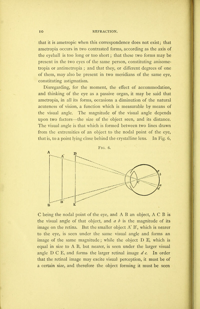 that it is ametropic when this correspondence does not exist; that ametropia occurs in two contrasted forms, according as the axis of the eyeball is too long or too short; that these two forms may be present in the two eyes of the same person, constituting anisome- tropia or antimetropia ; and that they, or different degrees of one of them, may also be present in two meridians of the same eye, constituting astigmatism. Disregarding, for the moment, the effect of accommodation, and thinking of the eye as a passive organ, it may be said that ametropia, in all its forms, occasions a diminution of the natural acuteness of vision, a function which is measurable by means of the visual angle. The magnitude of the visual angle depends upon two factors—the size of the object seen, and its distance. The visual angle is that which is formed between two lines drawn from the extremities of an object to the nodal point of the eye, that is, to a point lying close behind the crystalline lens. In Fig. 6, Fig. 6. C being the nodal point of the eye, and A B an object, A C B is the visual angle of that object, and a b is the magnitude of its image on the retina. But the smaller object A' B', which is nearer to the eye, is seen under the same visual angle and forms an image of the same magnitude; while the object D E, which is equal in size to A B, but nearer, is seen under the larger visual angle D C E, and forms the larger retinal image d e. In order that the retinal image may excite visual perception, it must be of a certain size, and therefore the object forming it must be seen